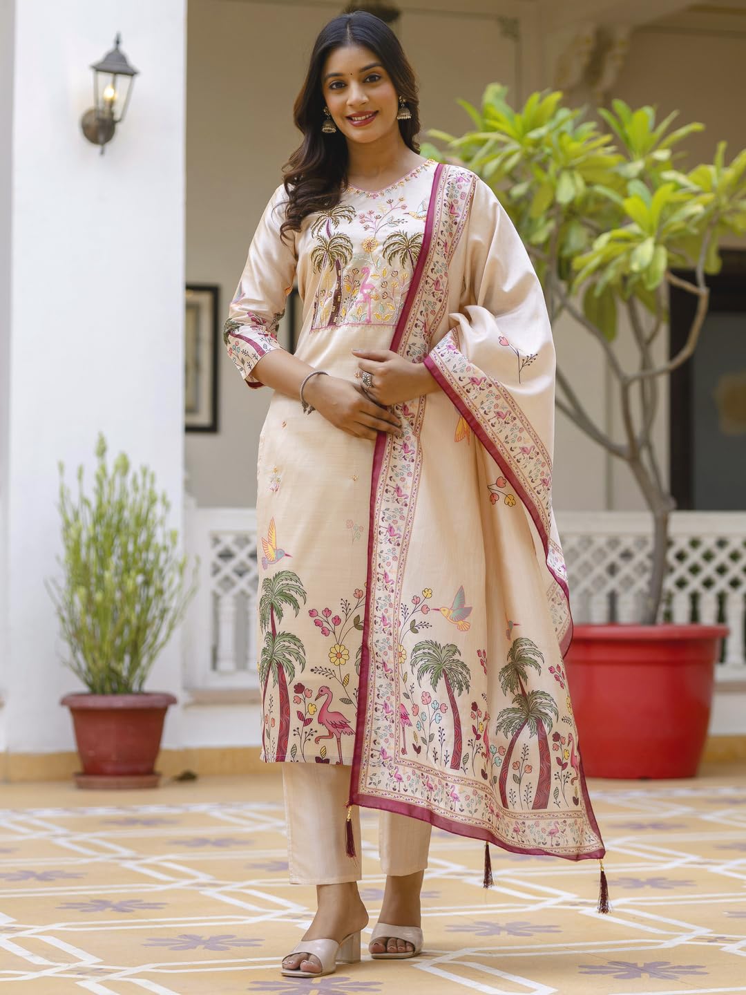 VredeVogel Women's Beads Embroidered Viscose Assam Silk Kurta Pant Set with Printed Dupatta | Festive & Casual Ethnic Kurta Sets for Women (Cream-M)
