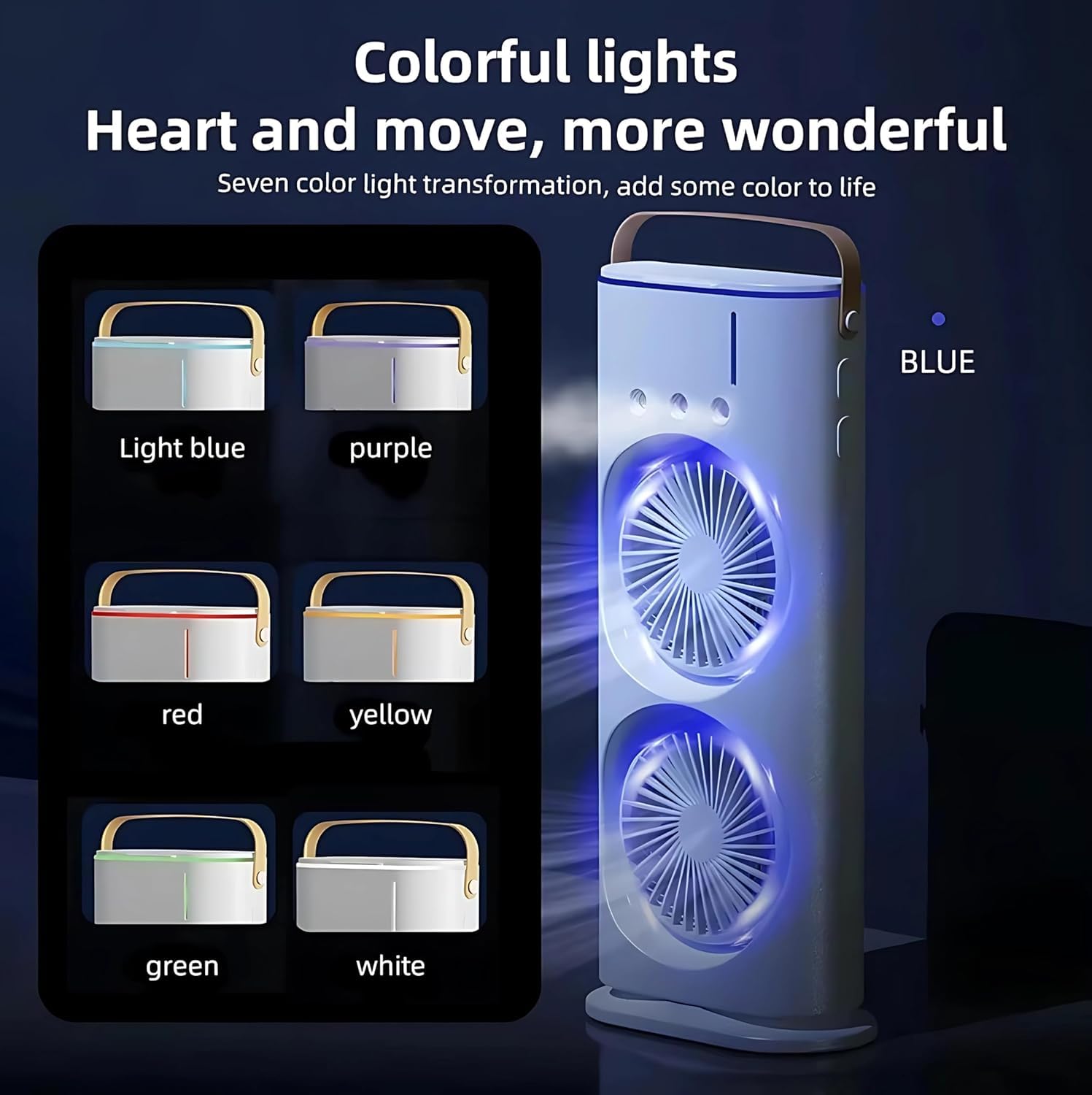Portable Air Cooler Fan with Mist Function, Dual Fan Design, 700ml Water Tank, USB Powered, Remote Control, LED Light, Timer Settings, Carry Handle (Double Ended Spray Air Cooler Fan)