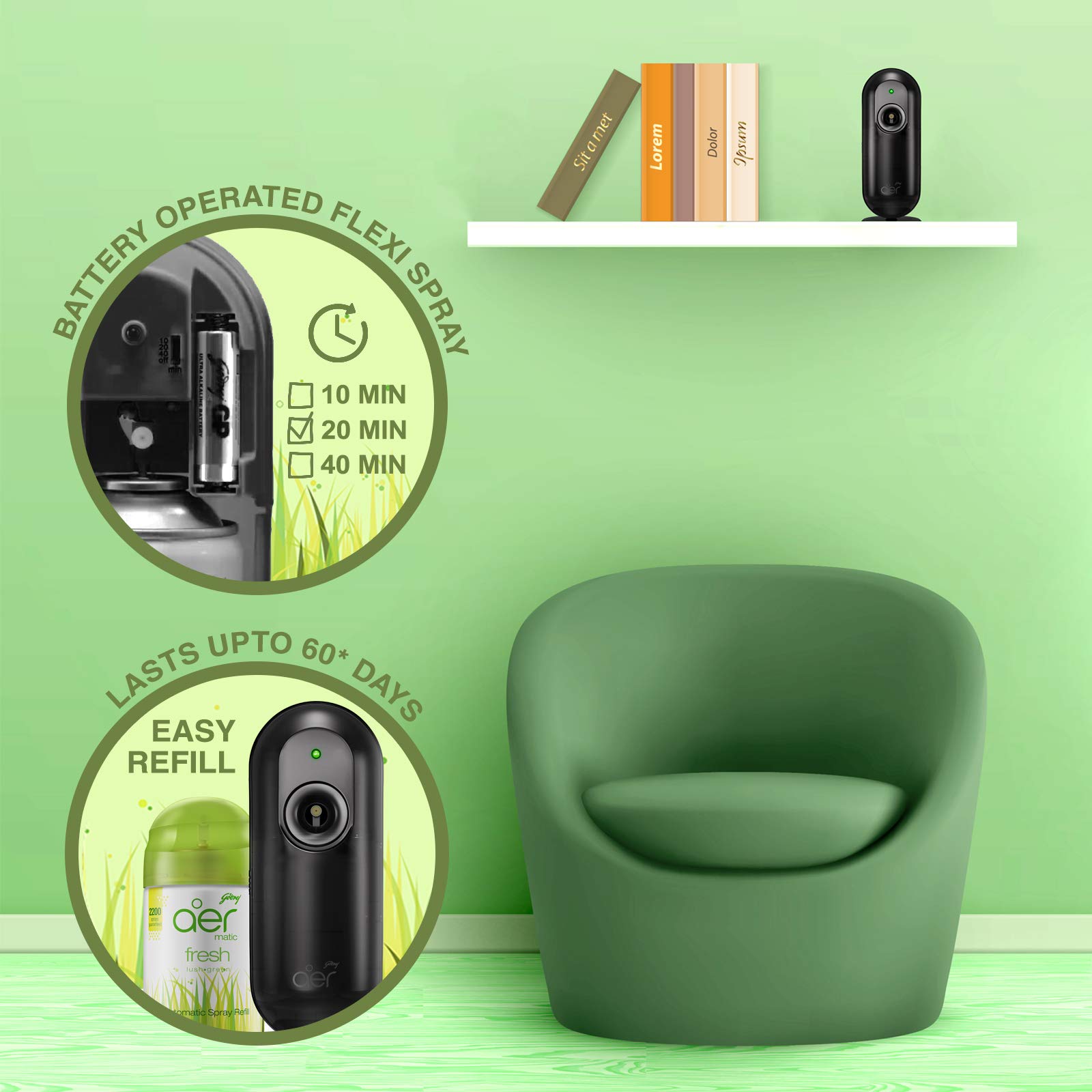 Godrej aer Matic Automatic Room Fresheners Refill Pack | Fresh Lush Green | 2200 Sprays Guaranteed | Lasts up to 60 days (210ml)