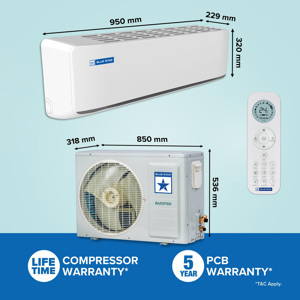 Blue Star 1 Ton 5 Star,New Star rated,Smart Inverter Split AC (Copper, Convertible 5 in 1 Cooling, DigiQ Hepta Sensor, Blue Fins, Self Diagnosis, IA512ZXUS, White)