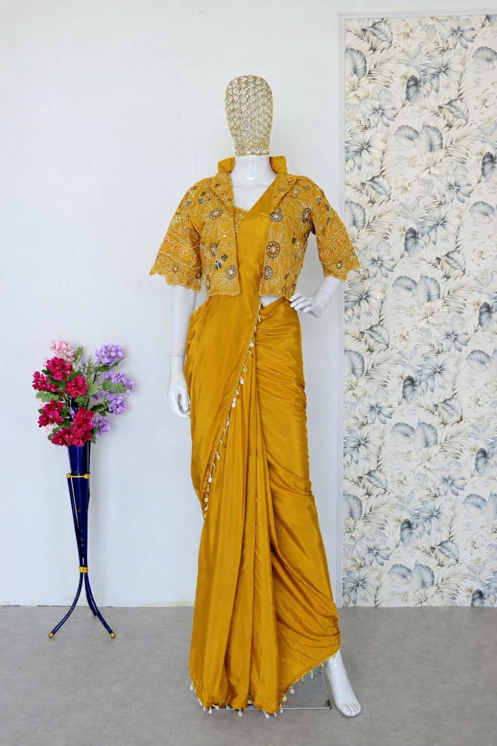 CLASSY FASHION HUB Women's Embellished, Embroidered Ready-to-Wear Crepe Silk Saree with Fully Embroidered Koti, Stitched Blouse & Lace Border – Ethnic for Women (Musterd)