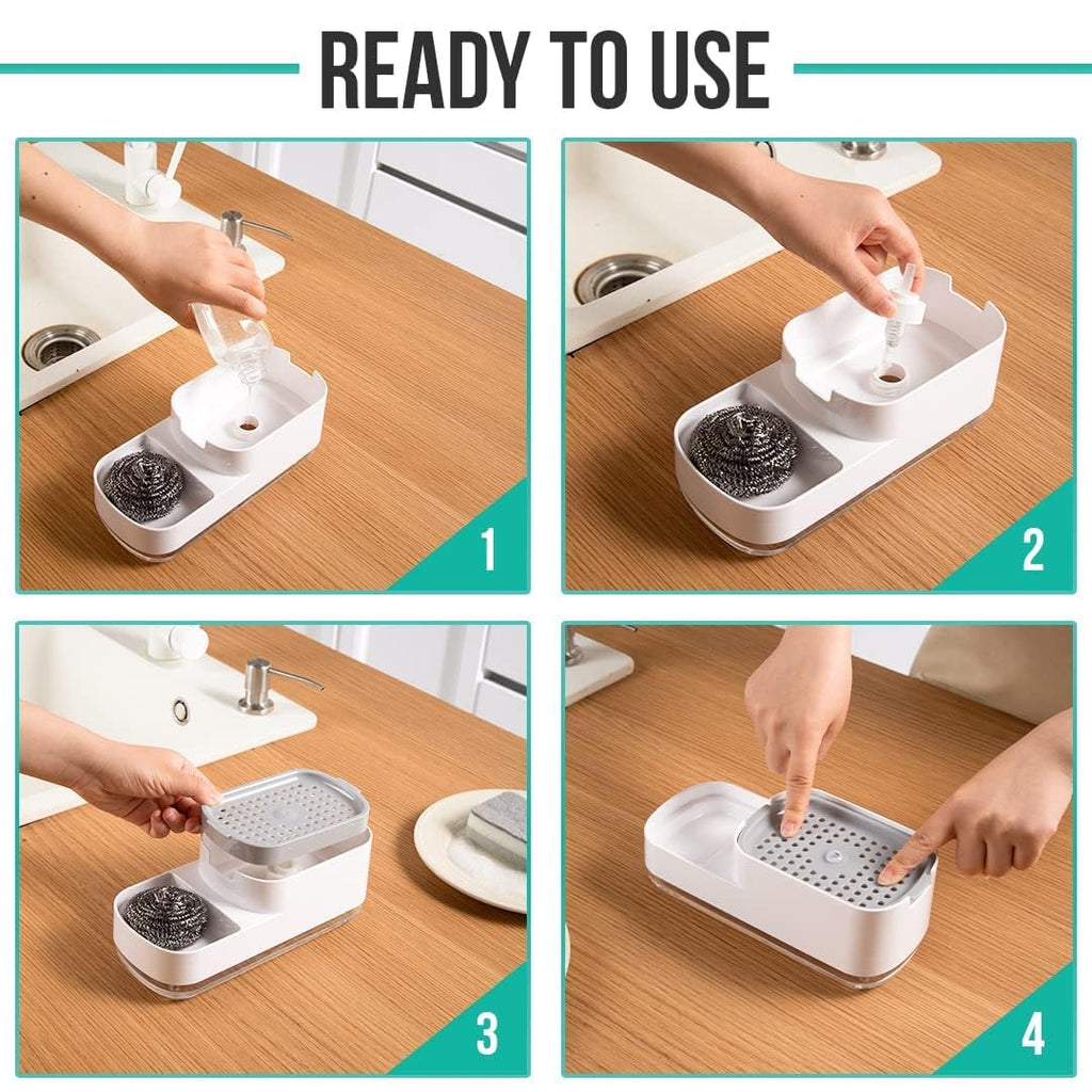 SR Soap Dispenser for Kitchen with Sponge Holder 400ml, Hollow Design, Durable & Smooth Body, Rust Proof, 3 in 1 Liquid Soap Dispenser, Sink Dish Washing Soap Dispenser Set
