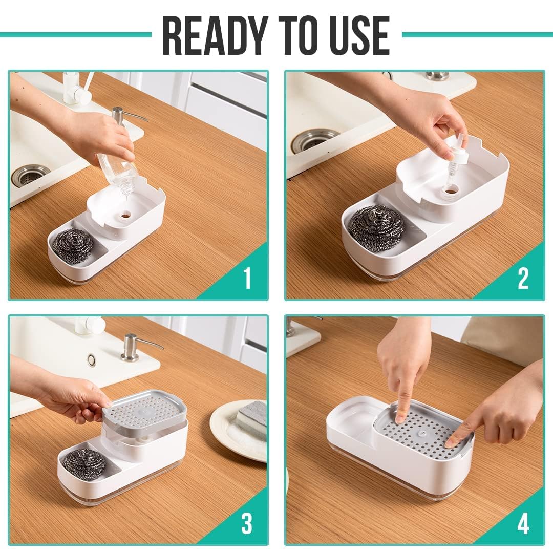 SR Soap Dispenser for Kitchen with Sponge Holder 400ml, Hollow Design, Durable & Smooth Body, Rust Proof, 3 in 1 Liquid Soap Dispenser, Sink Dish Washing Soap Dispenser Set