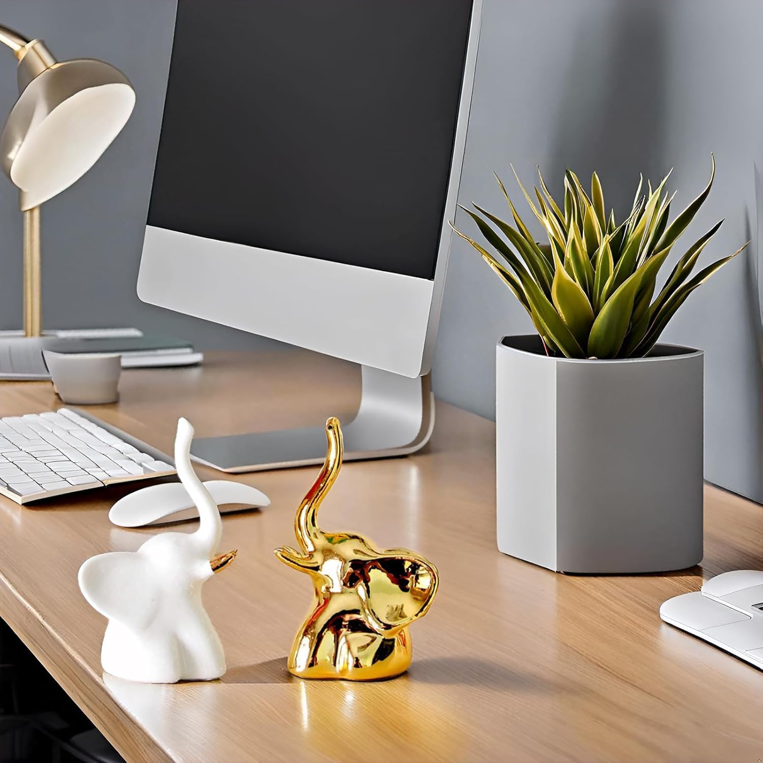 Street27® Home Decor Elephant Statue For Good Luck,Fengshui Ceramic Creative Small Modern Style Elephant Idol Figurines,Decorative Gift Items For Home,Office Desktop,Living Room (2pcs),White,Gold
