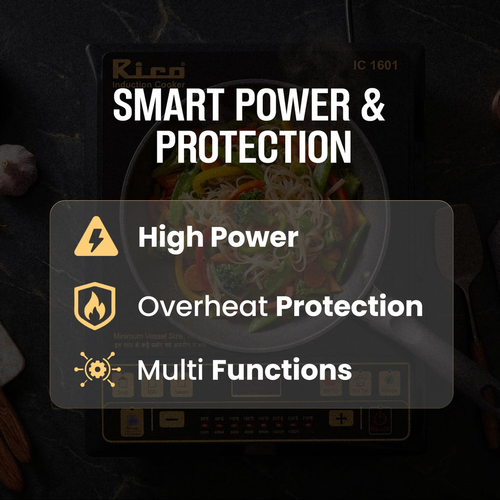 Rico BIS-ISI Certified induction stove with Free Vessel & Lid | 3 Yr Replacement Warranty on Coil | Milk Boil Mode with Timer | Fast Heating | Power Saving | 4KVA High Voltage Protection.