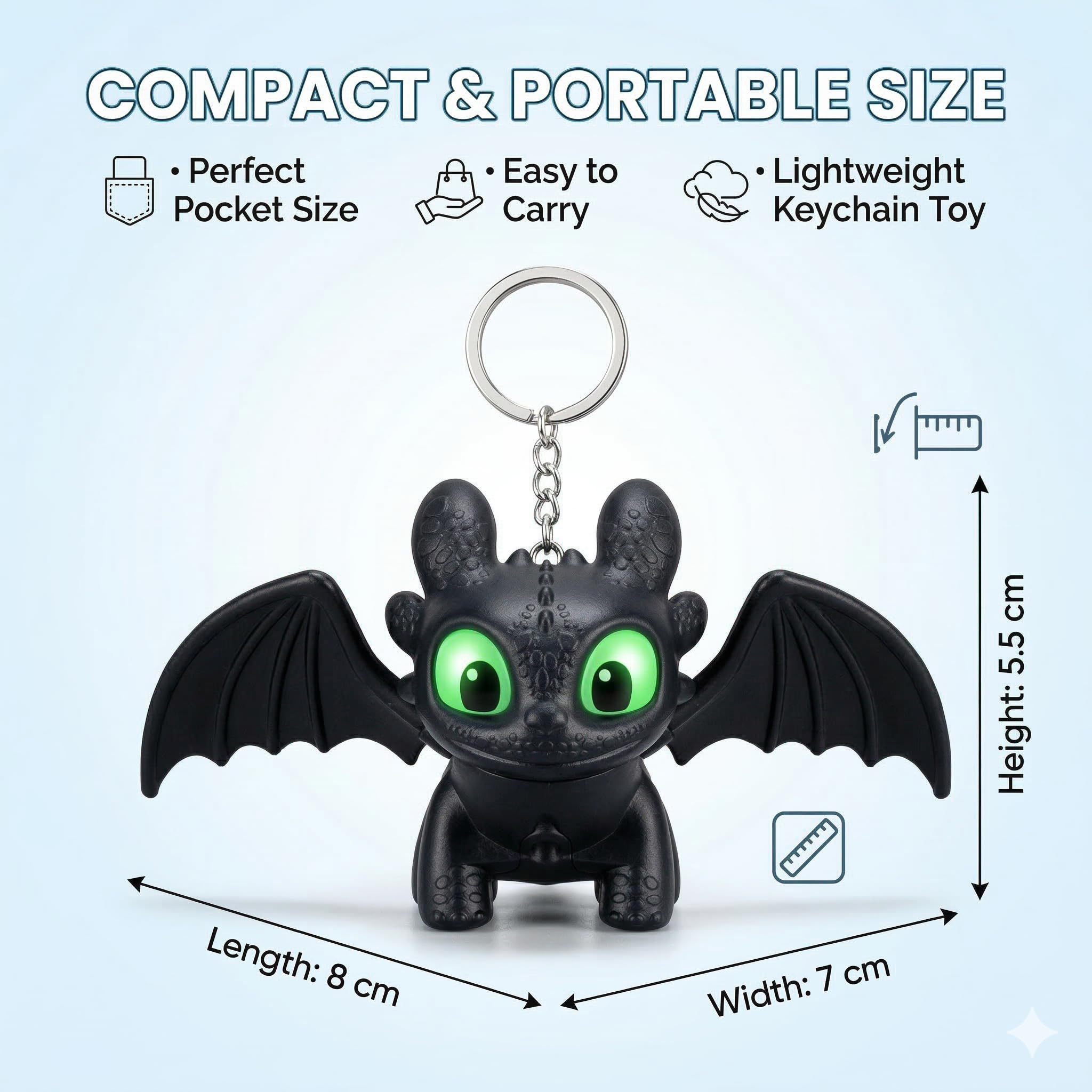JB'S LAND 3D Dragon Keychain Toy with Moving Wings & LED Light,Night Fury Dragon Keychain, Mini Fantasy Creature Charm for Car Dashboard, Bike Keys, Backpack Bag Accessory & Kids Gift