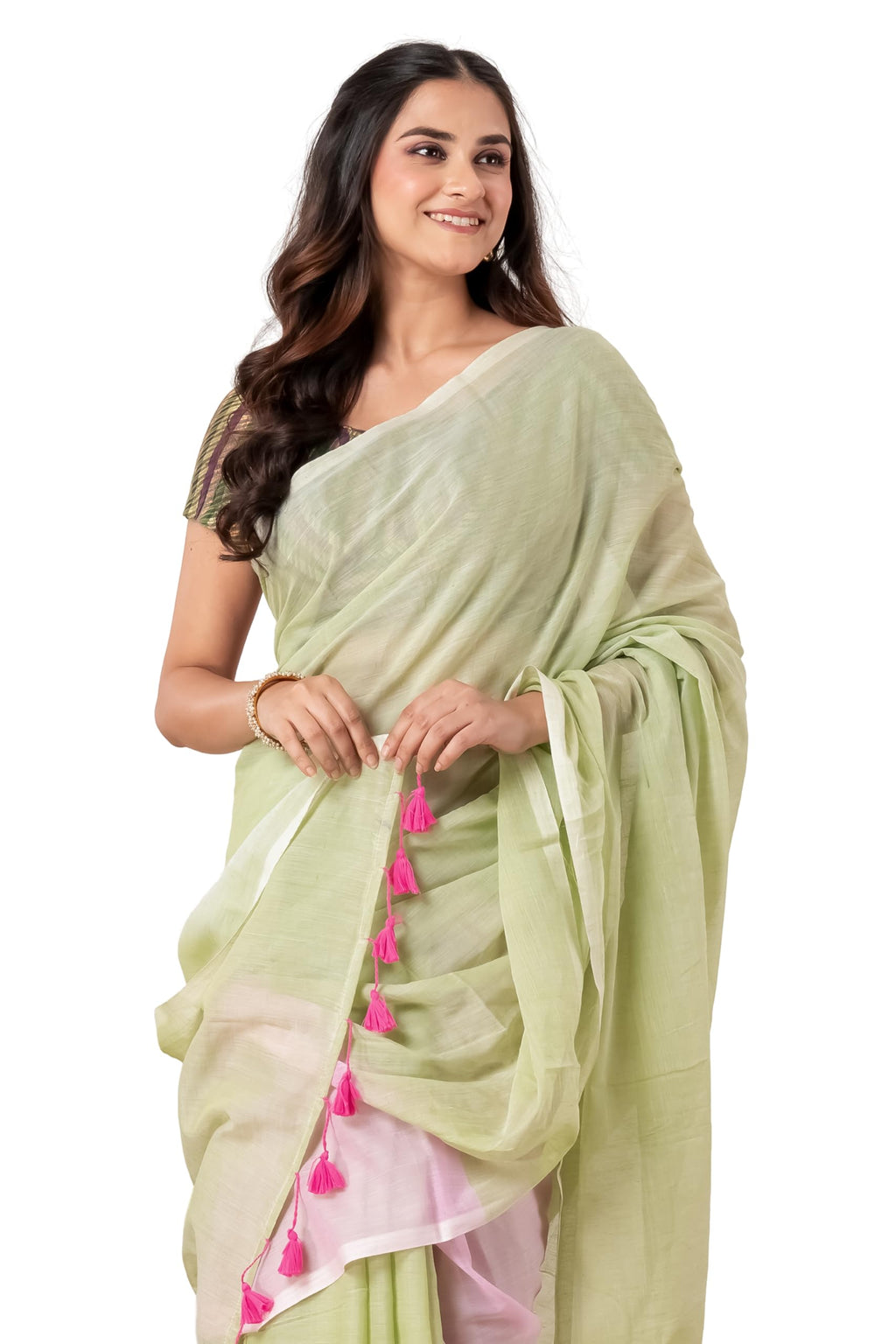 DURGA HANDLOOMS Pure Mulmul Cotton Handloom Saree for Women Light Green with Baby Pink Shaded Pleats Lightweight Summer Saree with Blouse Piece