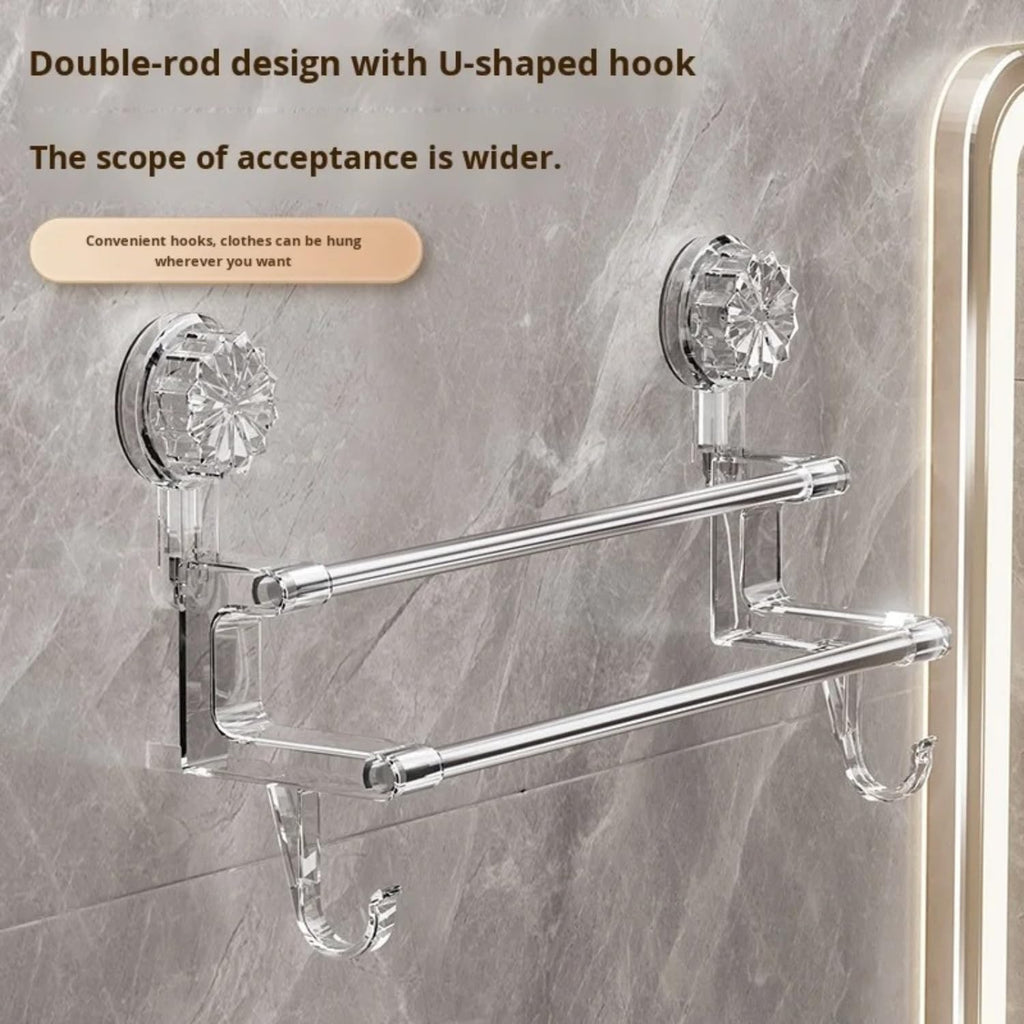 REWOP No-Drill Towel Rack for Bathroom, Towel Holder in Bathroom, Wall Mounted Bathroom Towel Rack – Suction Cup Double Rod Wall Shelf for Towels & Clothes (23 Inch)