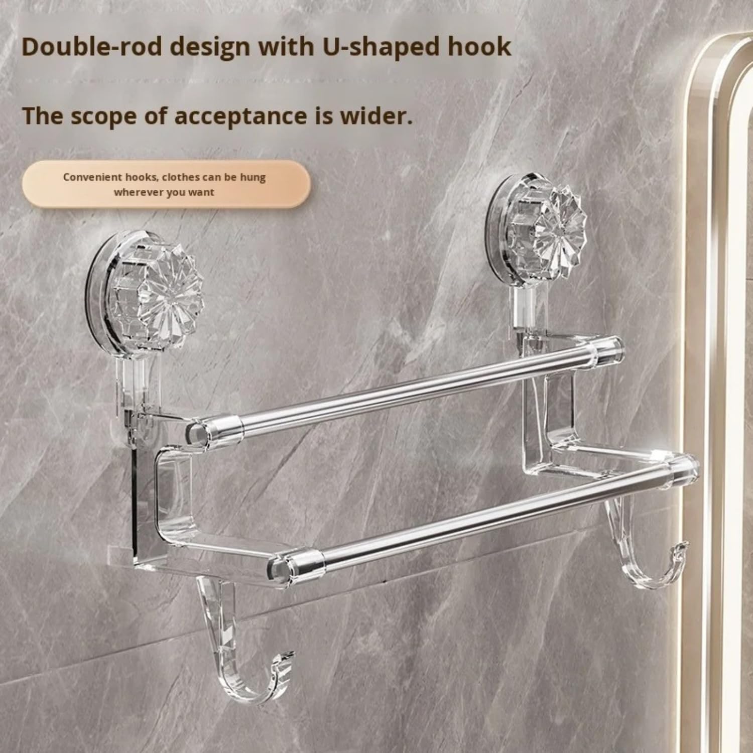 REWOP No-Drill Towel Rack for Bathroom, Towel Holder in Bathroom, Wall Mounted Bathroom Towel Rack – Suction Cup Double Rod Wall Shelf for Towels & Clothes (23 Inch)