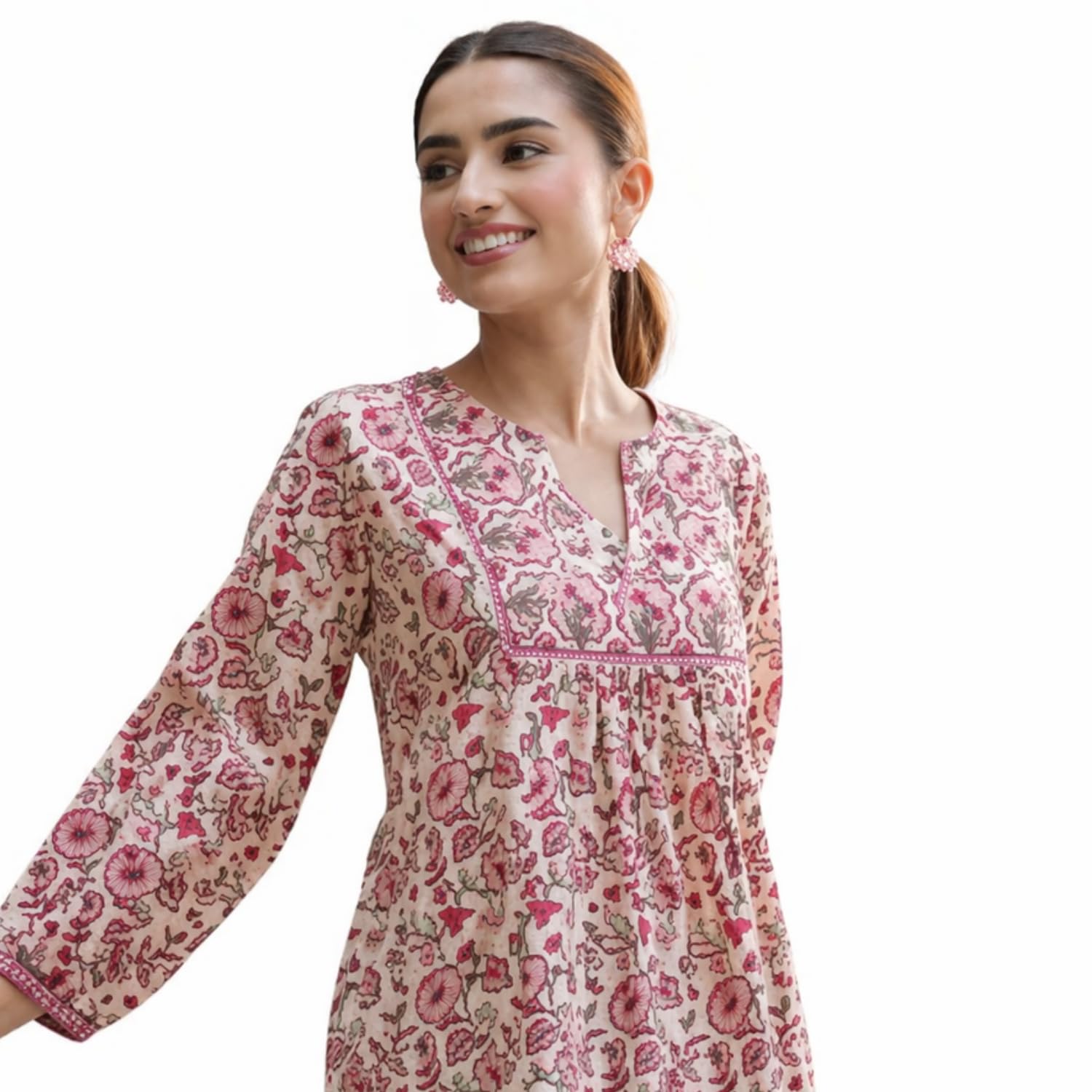 RANGZARI Printed Short Kurti for Women | Comfortable and Stylish, Available in Size M Peach