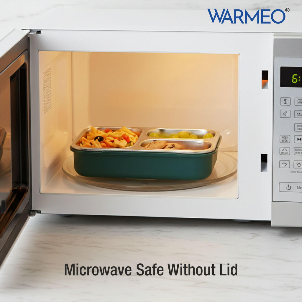WARMEO BENTO Microwave-Safe Stainless Steel Lunchbox with 3 compartments,bpa Free,Perfect for Office, School, Travelling, 750ml-Green