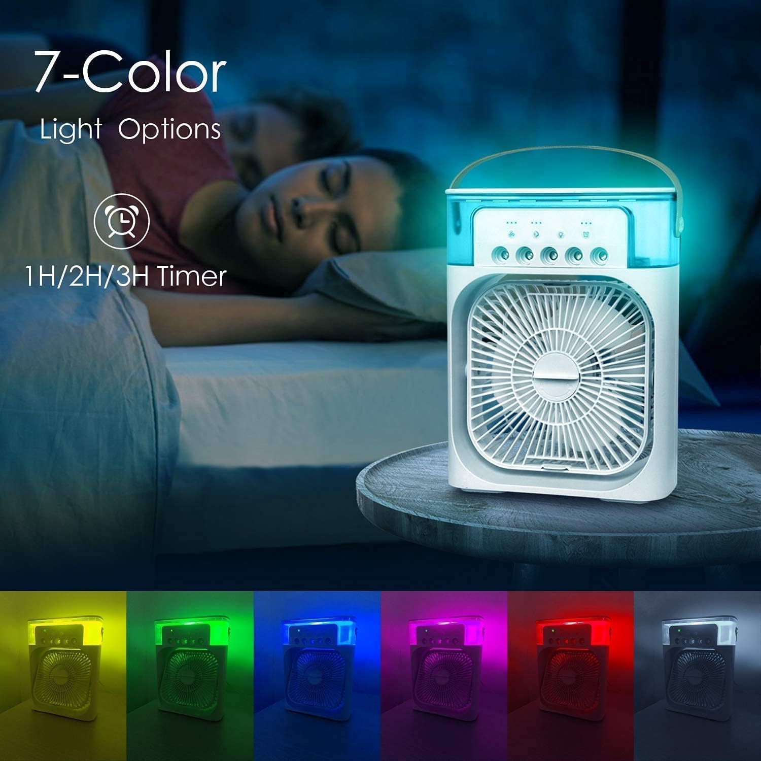 eumqestoer Portable Air Cooler Fan with Water Tank & USB Power - Mini Personal Evaporative Cooler with 3 Speeds, Mist Humidifier, LED Light, Quiet Cooling for Home, Office, Bedroom (MultiColor)