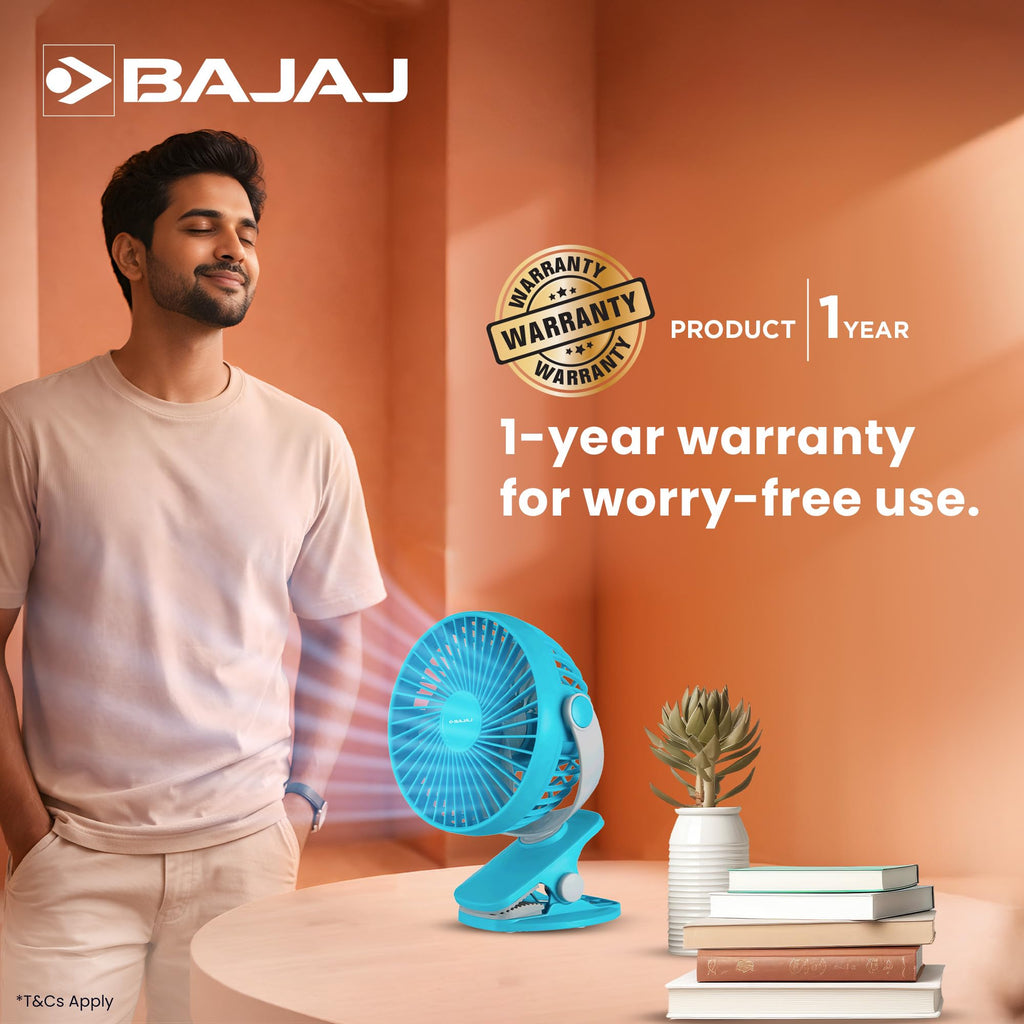 Bajaj Pygmy Mini Fan 110MM | USB Charging | Multi-Clip Function | Rechargeable | 4-Hr Back-up | Silent Operation | Longer Battery Life | Energy Efficient | Portable 【Blue】
