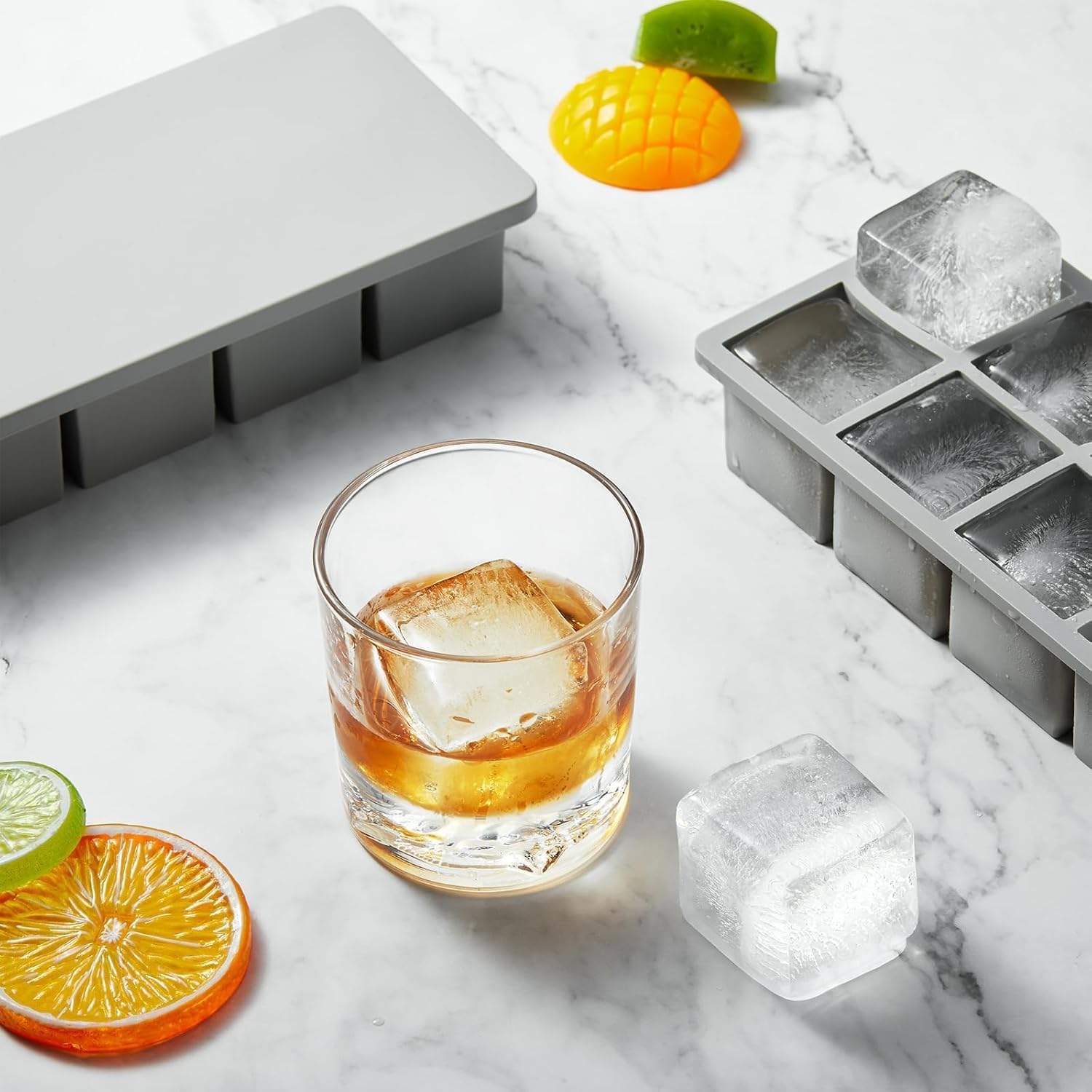 Ice Cube Molds with Lid,Big Silicone Ice Cube Tray for Whiskey,2Inch Square Ice Cube Tray,Easy-Release Ice Mold,Giant Ice Cubes for Bourbon Cocktail (2, Off-Grey)