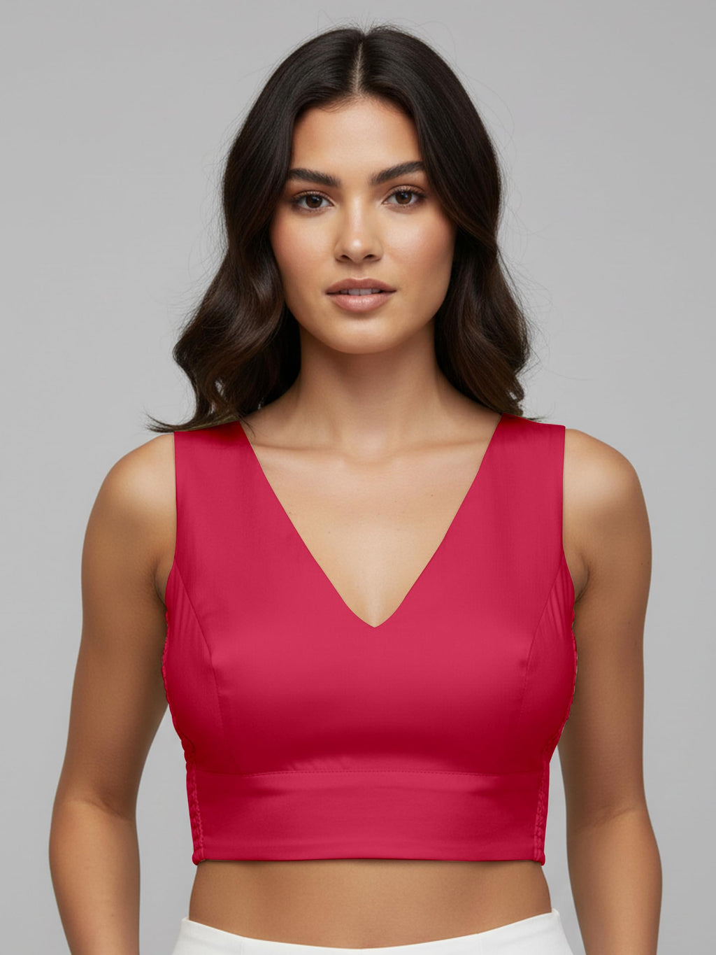 Mehrang V-Neck Taffeta Padded Sleeveless, Back Hook Closure with Smocked Side Panel, String or tie, Readymade Saree Blouse for Women (Pink, S)