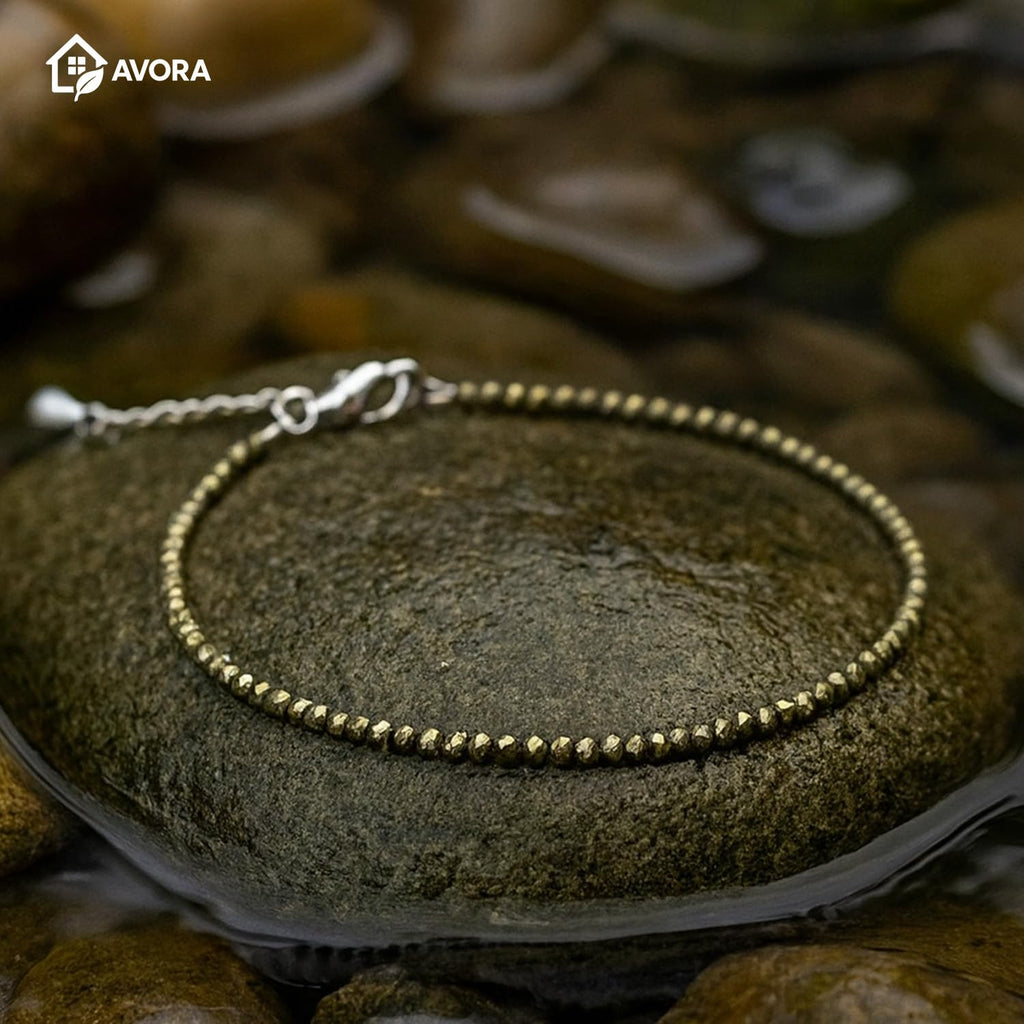 AVORA Raw Pyrite Anklet for Women | Natural Stone Jewellery for Wealth, Luck & Protection | Certified Crystal | Spiritual Healing Jewellery Gift for Girls & Women | Adjustable Payal Bracelet