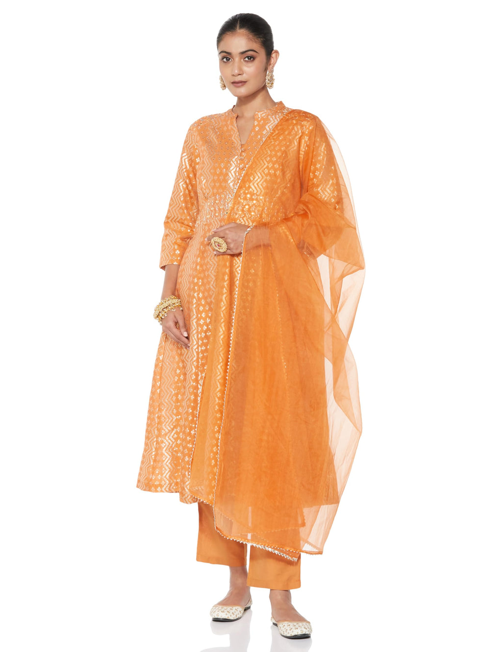 Amazon Brand - Myx Women's Embroidered Anarkali Kurta Set with Organza Dupatta in Chanderi Blend (AW25-MYX-RKM-KS-18_Rust_L)