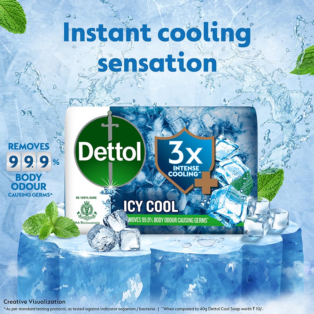Dettol Icy Cool Bathing Soap Bar With 3x intense cooling (400gm), 100gm - Pack of 4
