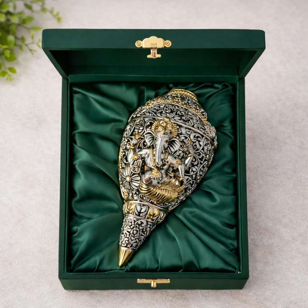 Dev Aastha 999 Pure Silver Plated & 24K Gold Plated Ganesh Shankh | Sacred 5.5 Inch Dual-Tone Conch Shell | Vastu Showpiece for Success & Wealth | Auspicious Pooja Gift.