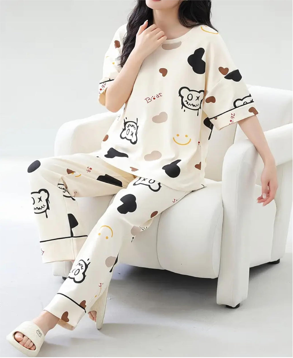 Louis Luxe Womens Korean Night Dress || Full Pyjama Set ||Korean Nightsuit || Women Nightwear ||Round Neck Full Sleeve Nightsuit || Loungewear || Everyday Nightdress (ND-10-CREAM-XL)
