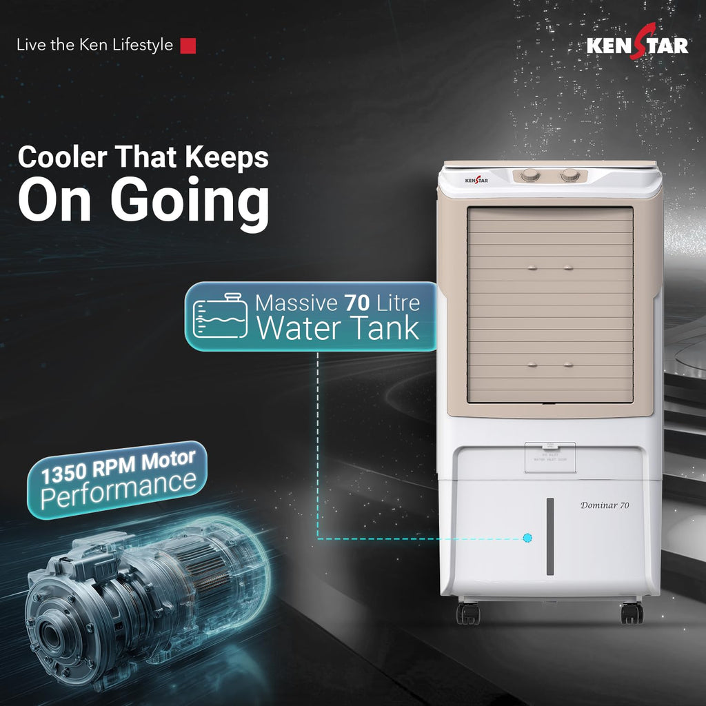 Kenstar Dominar HC 70 Desert Air Cooler|70L Tank|5-Star BEE Rated|5-Year Warranty on Pump & Motor|50 ft Air Throw|Honeycomb Cooling Pads|Ice Chamber|Water Level Indicator I 16-Inch Fan I White & beige