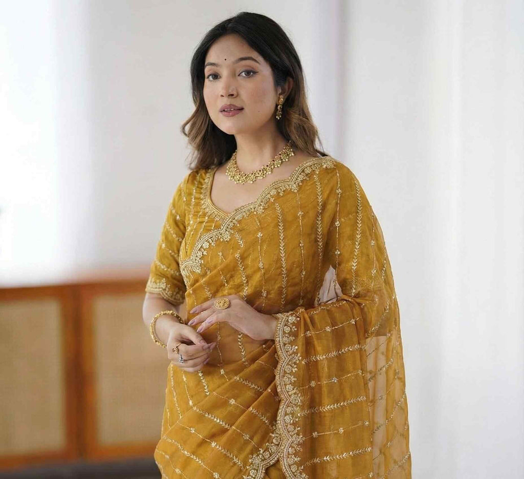 Shiv Textiles Women's Fendy Satin Embroidery Work Saree(CM-911-MUSTARD)