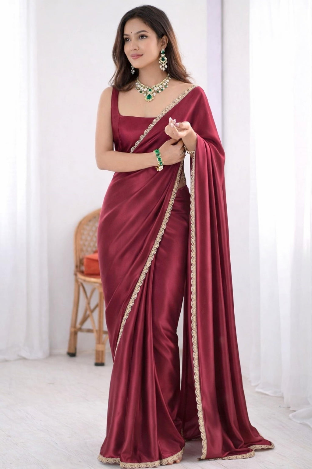 SHOPAZ Ready To Wear Saree For Women Maroon Red Satin SIlk Readymade Stitched Scalloped Border With Unstitched Blouse