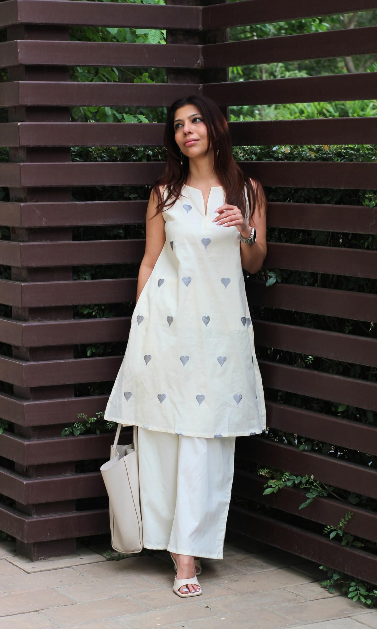 ANNI Designer Women's Cotton Blend Straight Embroidery Kurta with Palazzo (Rushali White_L_White_Large)