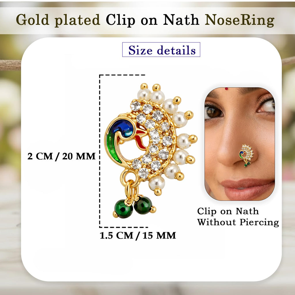 VAMA FASHIONS Gold Plated Maharastrian Marathi Nathni Pearl Nose Ring Pressing Nosepin Bridal Piercing Nosering Clip on Nath For Women (Maharashtrian Nose Pin)