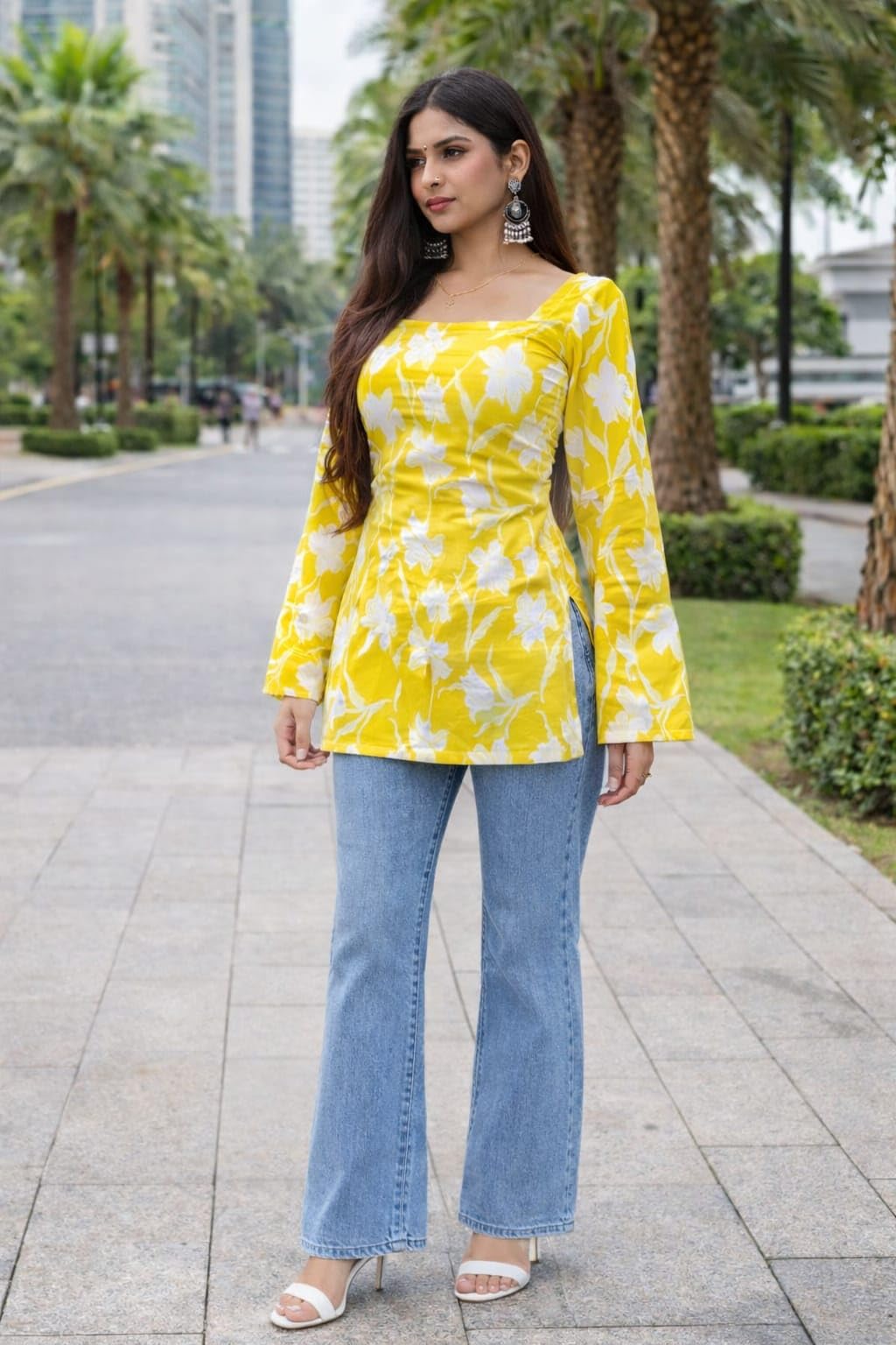 ALENJAN Rayon Floral Print Short Kurti for Women | Square Neck Long Sleeve Top for Women | Criss Cross Back Desing Kurti | Soft Breathable Fabric | Relaxed Fit | Casual and Office Wear | Mustard | M