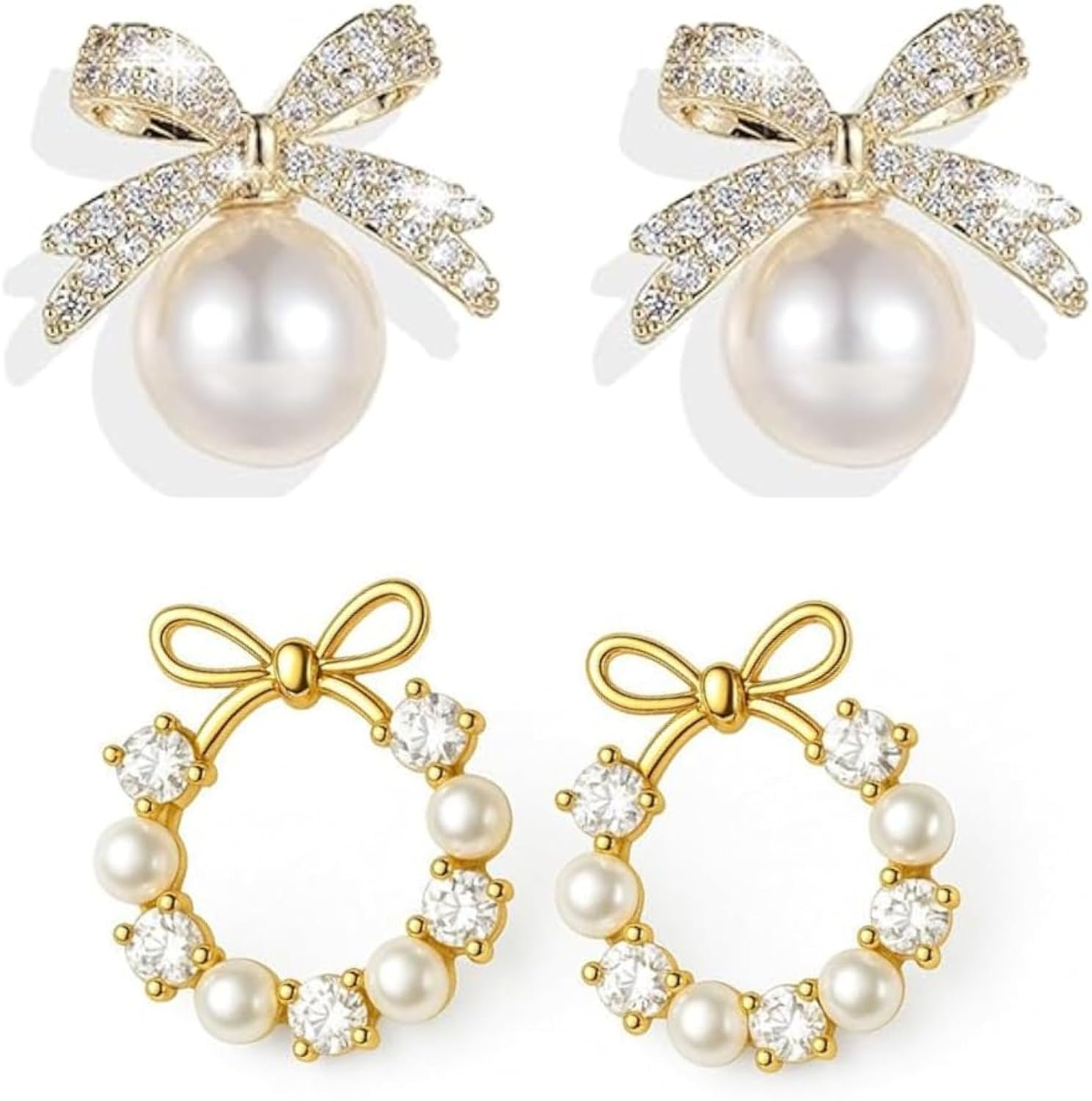 Korean Stud Earrings Combo Pack, Pearl and Bow Design, Gold Tone, 2 Pairs for Women and Girls
