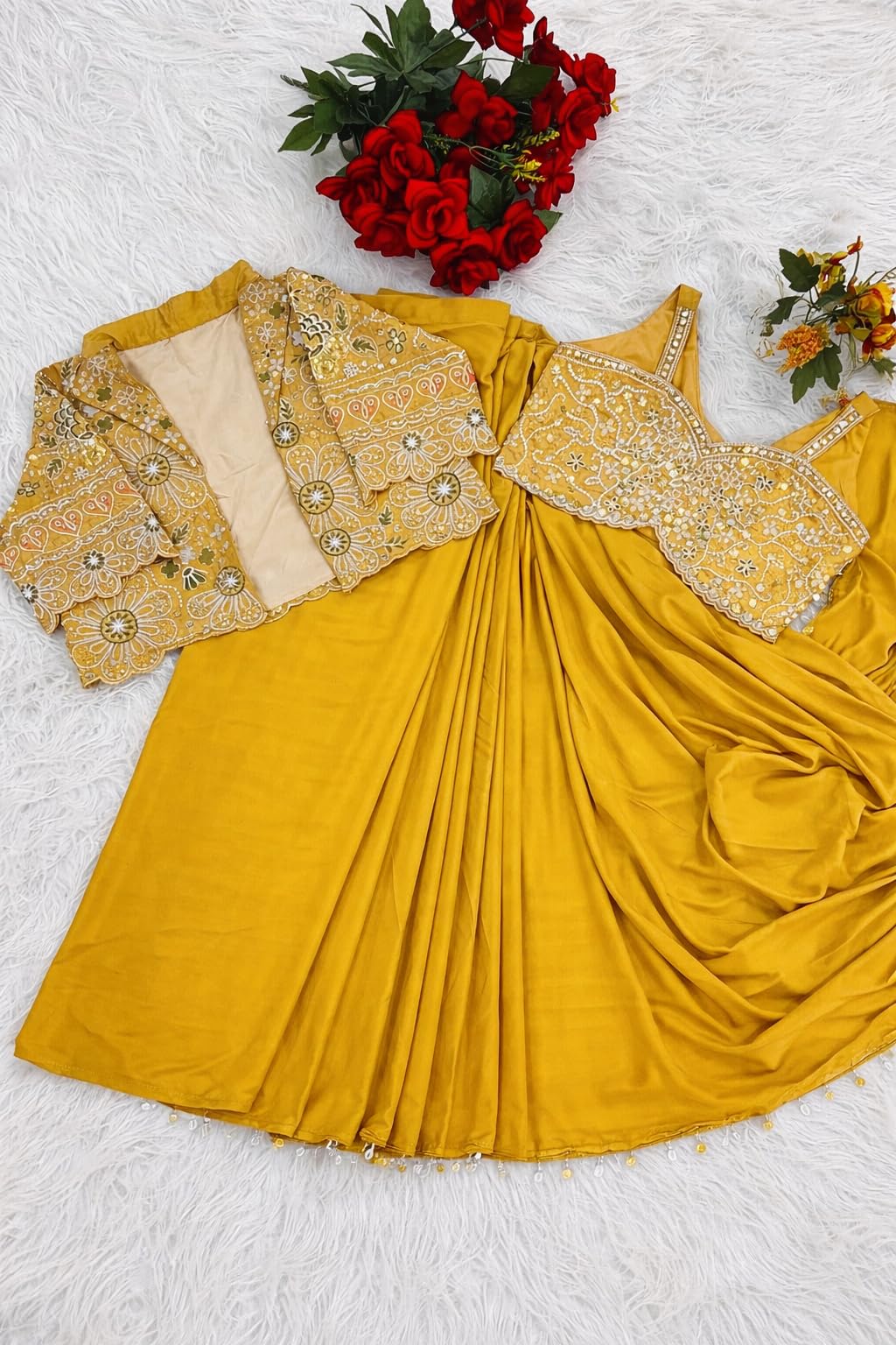 CLASSY FASHION HUB Women's Embellished, Embroidered Ready-to-Wear Crepe Silk Saree with Fully Embroidered Koti, Stitched Blouse & Lace Border – Ethnic for Women (Musterd)