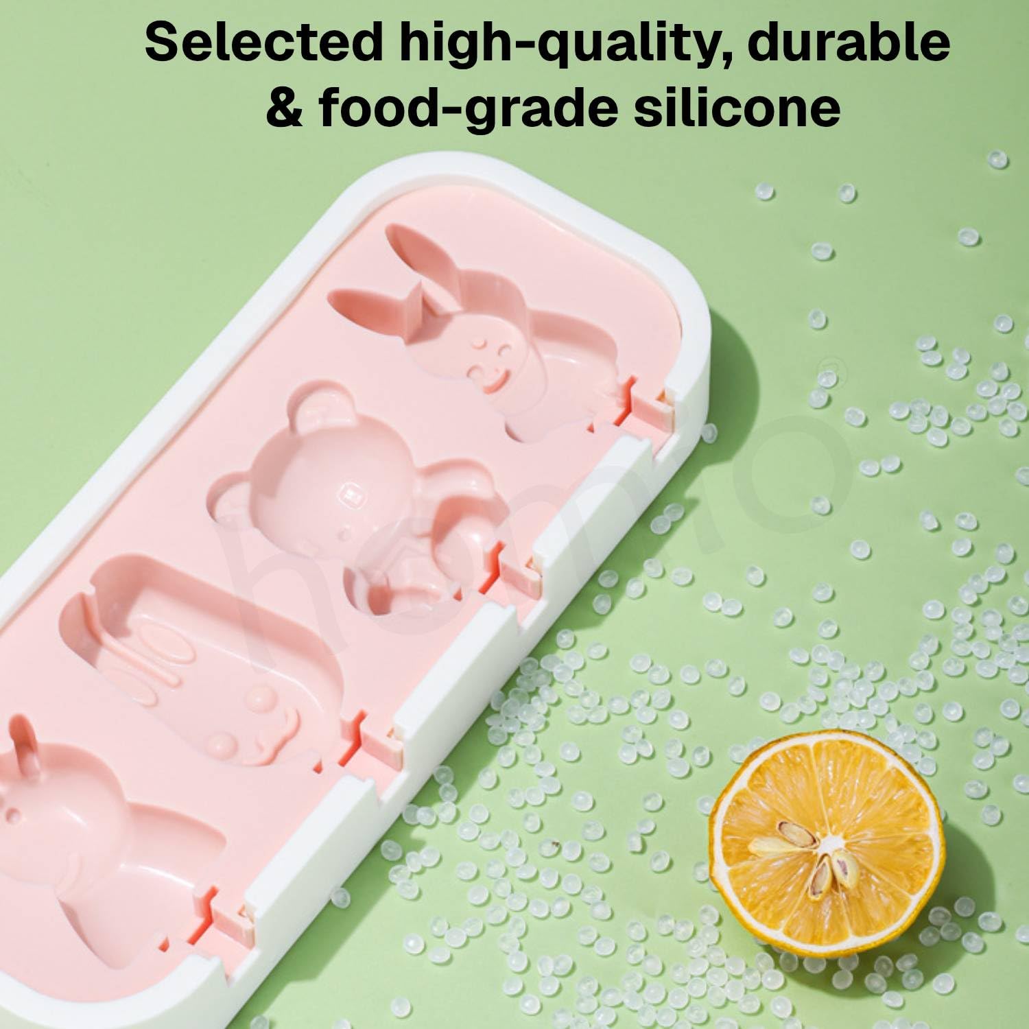 HOMIO 4 Fruit Shape Cavity Non-Stick Silicone Ice Cream Mould with Lid & 6 Plastic Sticks Reusable Ice Lolly, Frozen Candy, Kulfi Molds, BPA-Free Stackable DIY Icecream Popsicle Maker (Multicolor)