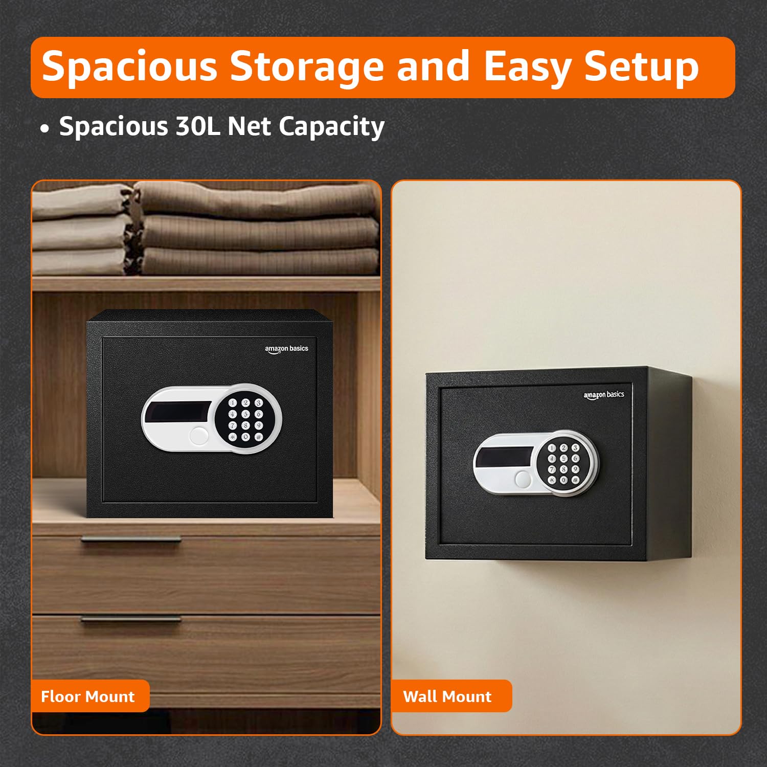 Amazon Basics 30 Litres Digital Safes for Hotel & Office - Digital Lock 3-in-1 unlocking |locker safe with Motorized Door Locking Mechanism | Size : 32 H x 40 W x 32 D(cm) | Black | Weight: 13 Kgs