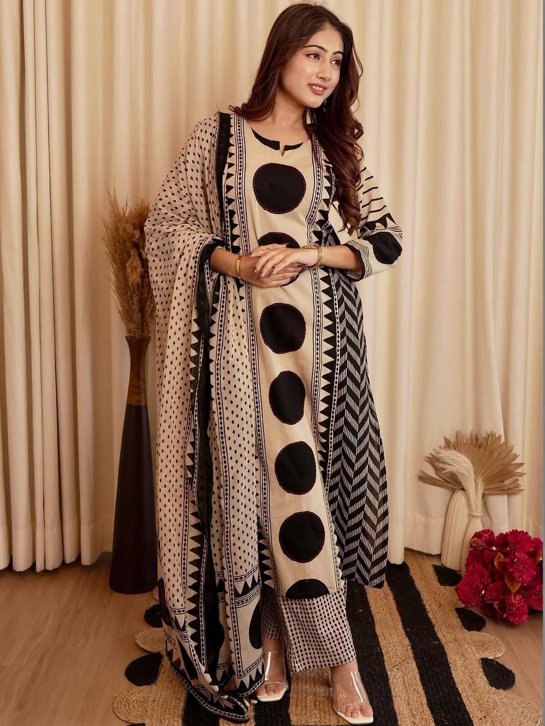 Klosia Women Printed Straight Kurta and Pant Set with Dupatta | Printed Kurta Set | Cotton Kurta Set | Women Kurta Sets | Summer Suit | (in, Alpha, 2XL, Standard, Black)
