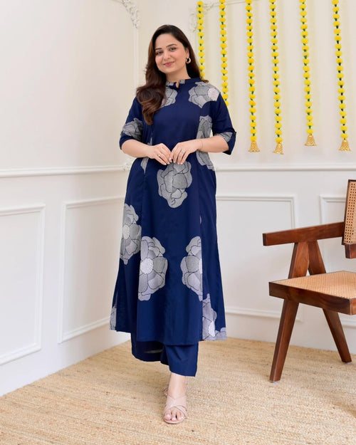 ANNI Designer Women's Viscose Blend Straight Printed Kurta with Palazzo (Daniel Blue_XXL_Blue_XX-Large)
