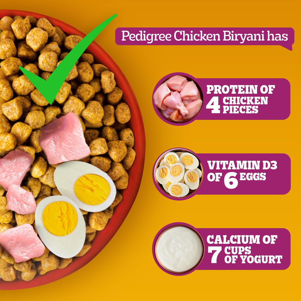 Pedigree Adult Dry Dog Food, New Chicken Biryani Flavour, 1 kg, Protein of 4 Chicken Pieces, Vitamin D3 of 6 Eggs, Calcium of 7 Cups of Yogurt, 100% Complete and Balanced Nutrition