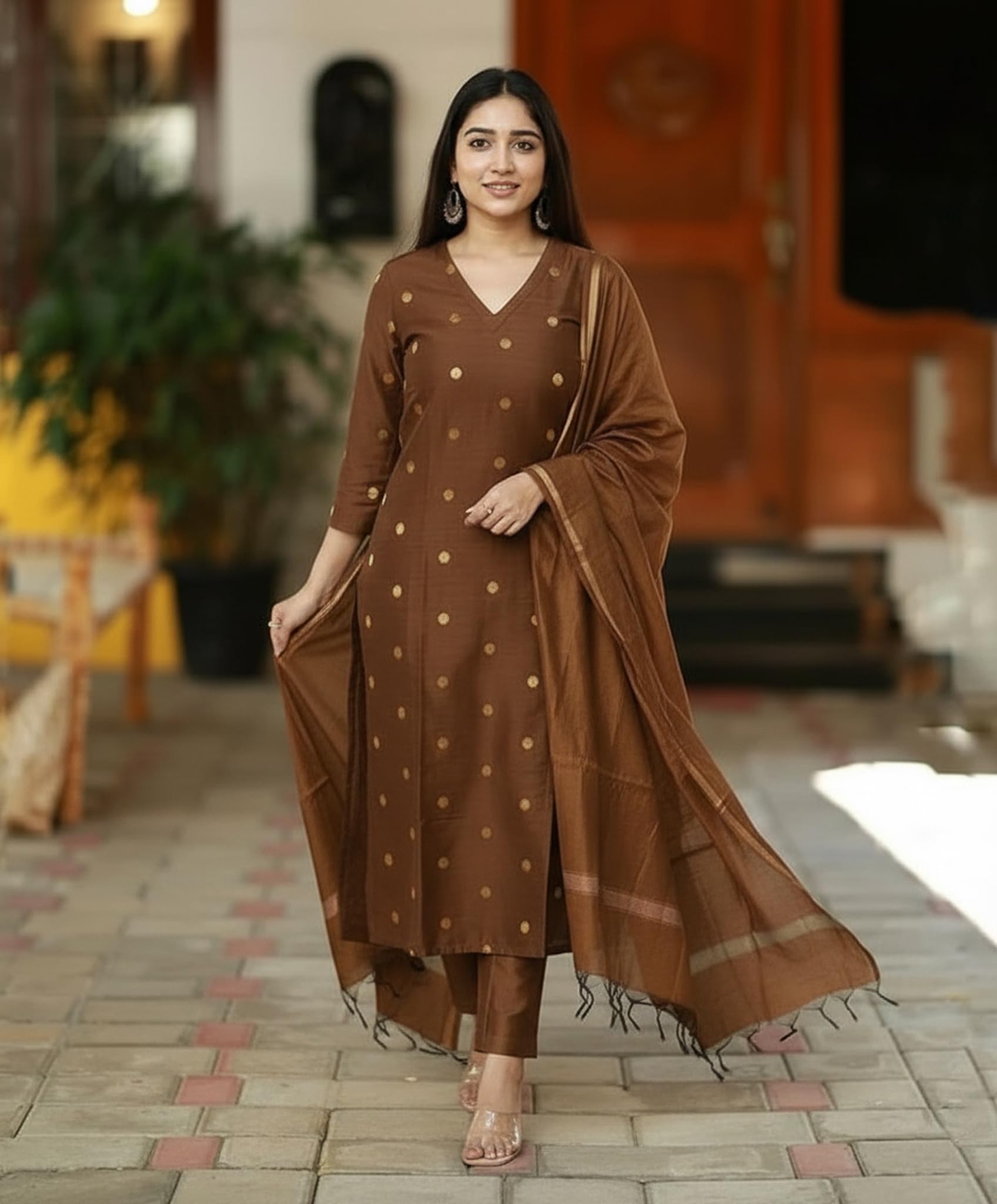 GoSriKi Women's Rayon Viscose Printed Straight Kurta with Pant & Dupatta (SDF BROWN-VKS01-GS_XXL_BROWN_XX-Large)