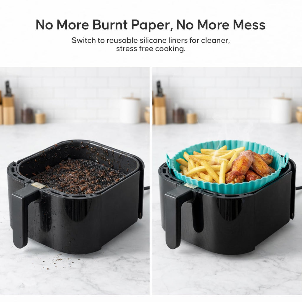 DALUCI Air Fryer Liners Silicone Reusable Tray No Mess Easy Clean Basket Liner with Handles - Round (8 Inch, Pack of 2)