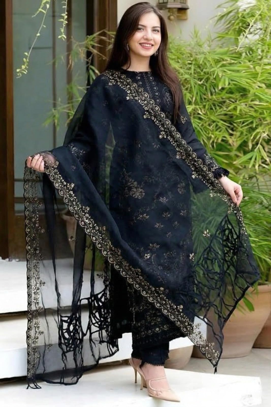 ROYALICA Women's Black Embroidered Pakistani Suit Set, 3-Piece Salwar Kameez with Dupatta,Georgette Straight (IN, Alpha, 2XL, Regular, Standard, black)