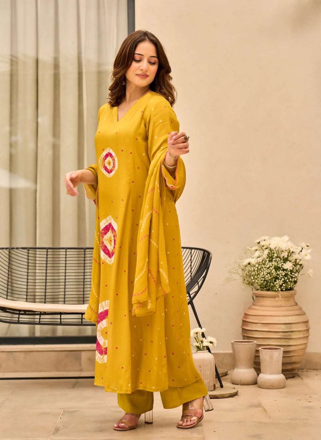 Nermosa Women Pure Cotton Kurta Pant Dupatta Set | Summer Friendly Ethnic Suit Set for Women | V-Neck Printed Kurti with Matching Pants & Dupatta | Casual & Office Wear (IN, Alpha, 2XL, Yellow)