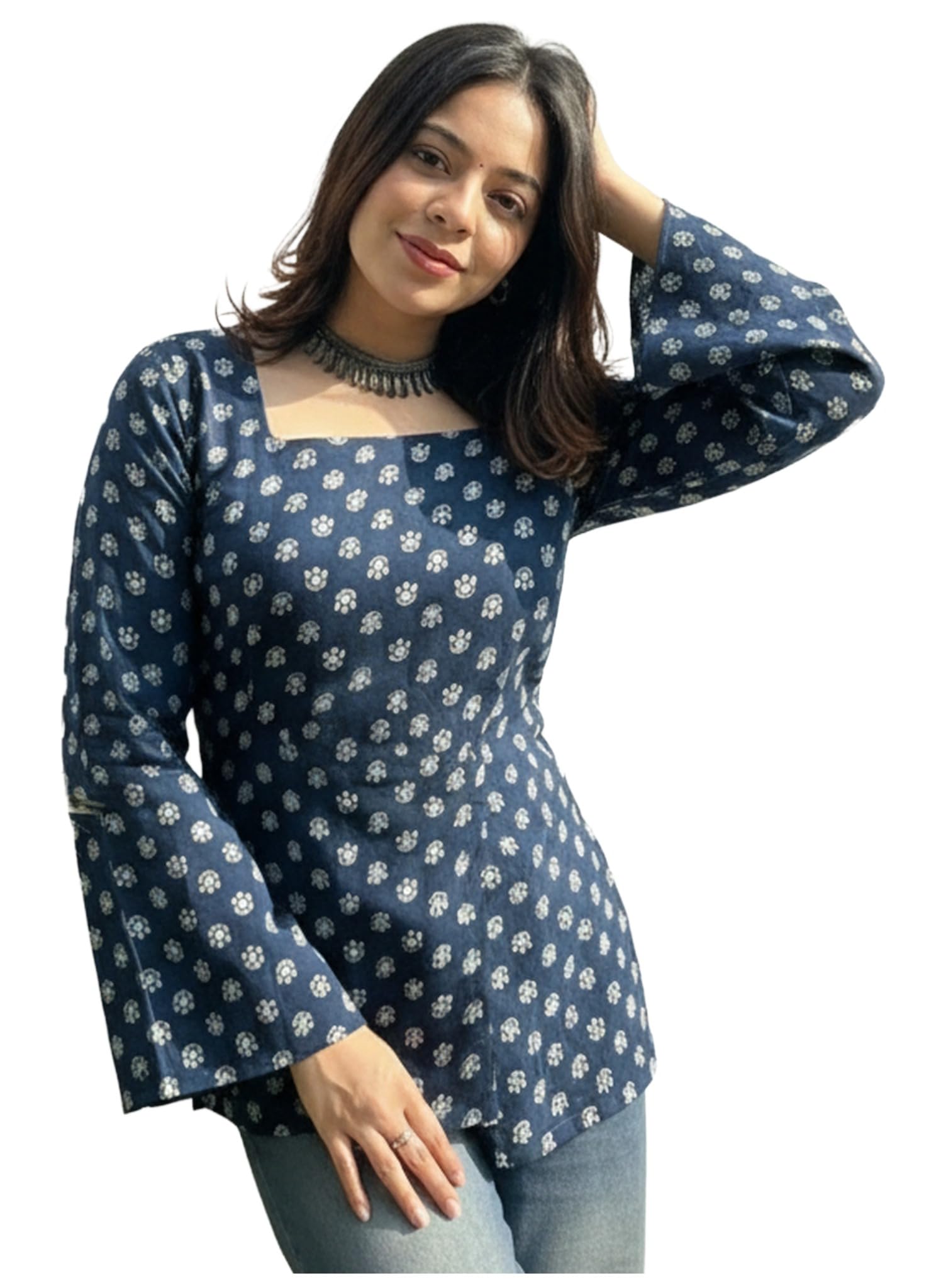 ANNI Designer Women's Viscose Printed Short Kurti (Nathiya Blue_S_Blue_Small)