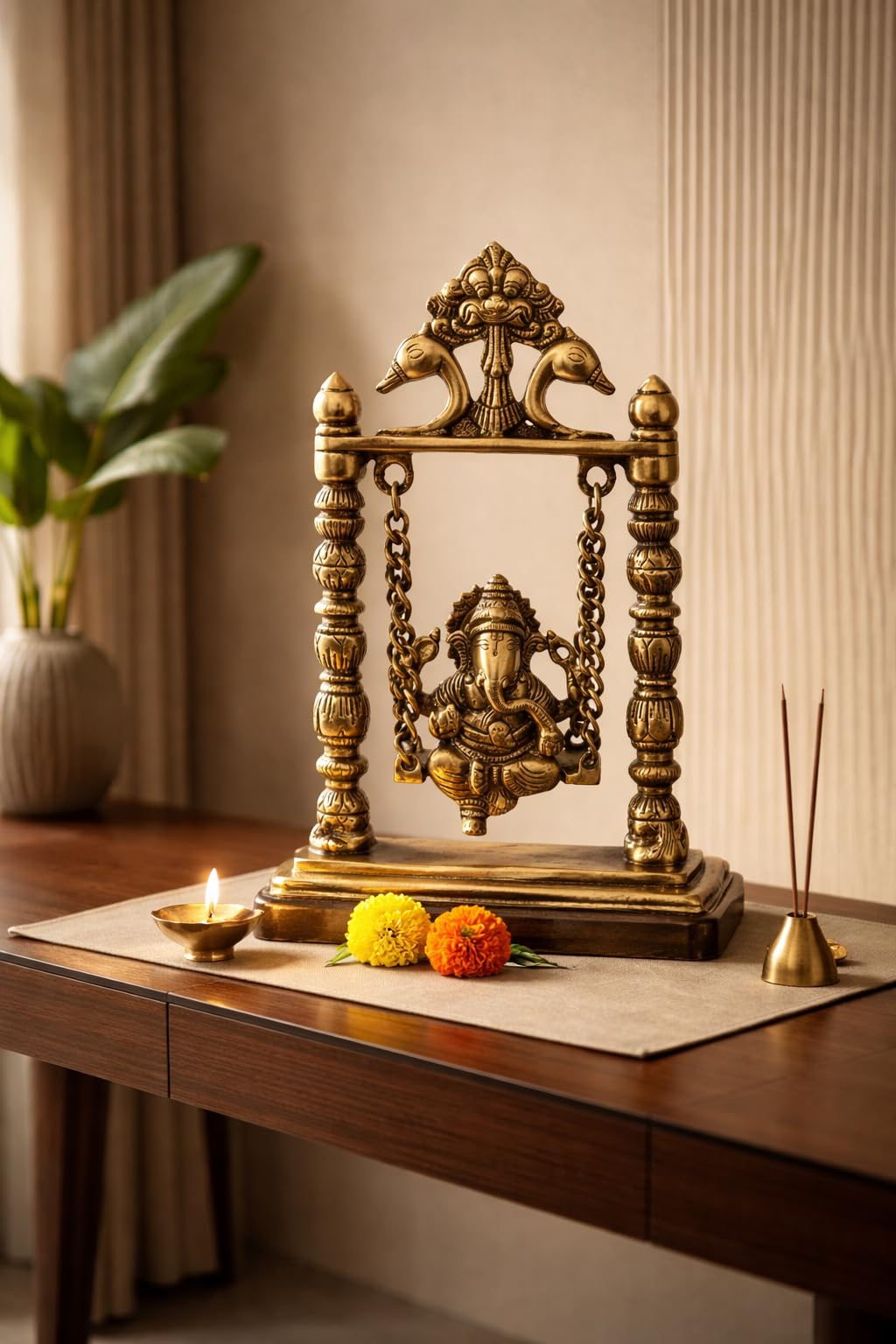 Two Moustaches 100% Pure Brass Ganesha on Swing Jhoola Showpiece, Brass Ganesha Jhula for Home Decor, Brass Temple Decor, Weight - 1.5 Kg, Standard, Antique Yellow, Pack of 1