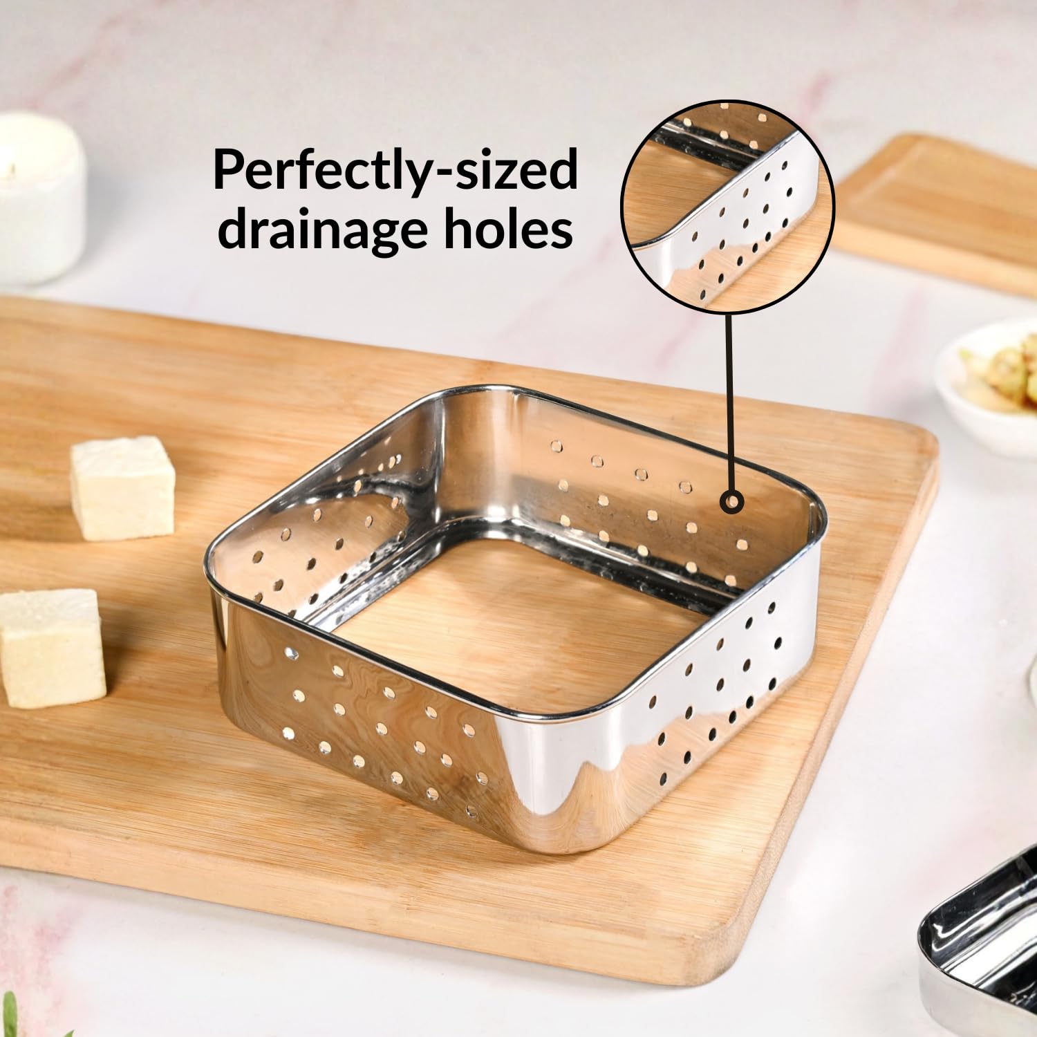 Nestasia Large Stainless Steel Paneer Maker (550 ml) - Square Paneer Maker Mould Press with Lid | Rust Resistant Medium Paneer Strainer - Perfect for Fresh Paneer, Tofu & Sprouts