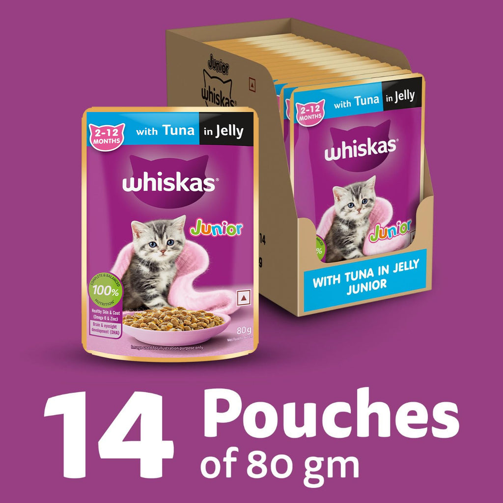 Whiskas Junior Kitten (2-12 Months) Wet Cat Food, Tuna in Jelly, 80 g (Pack of 14), Hydrating Food Made With Real Fish, 100% Complete & Balanced Nutrition for Kittens