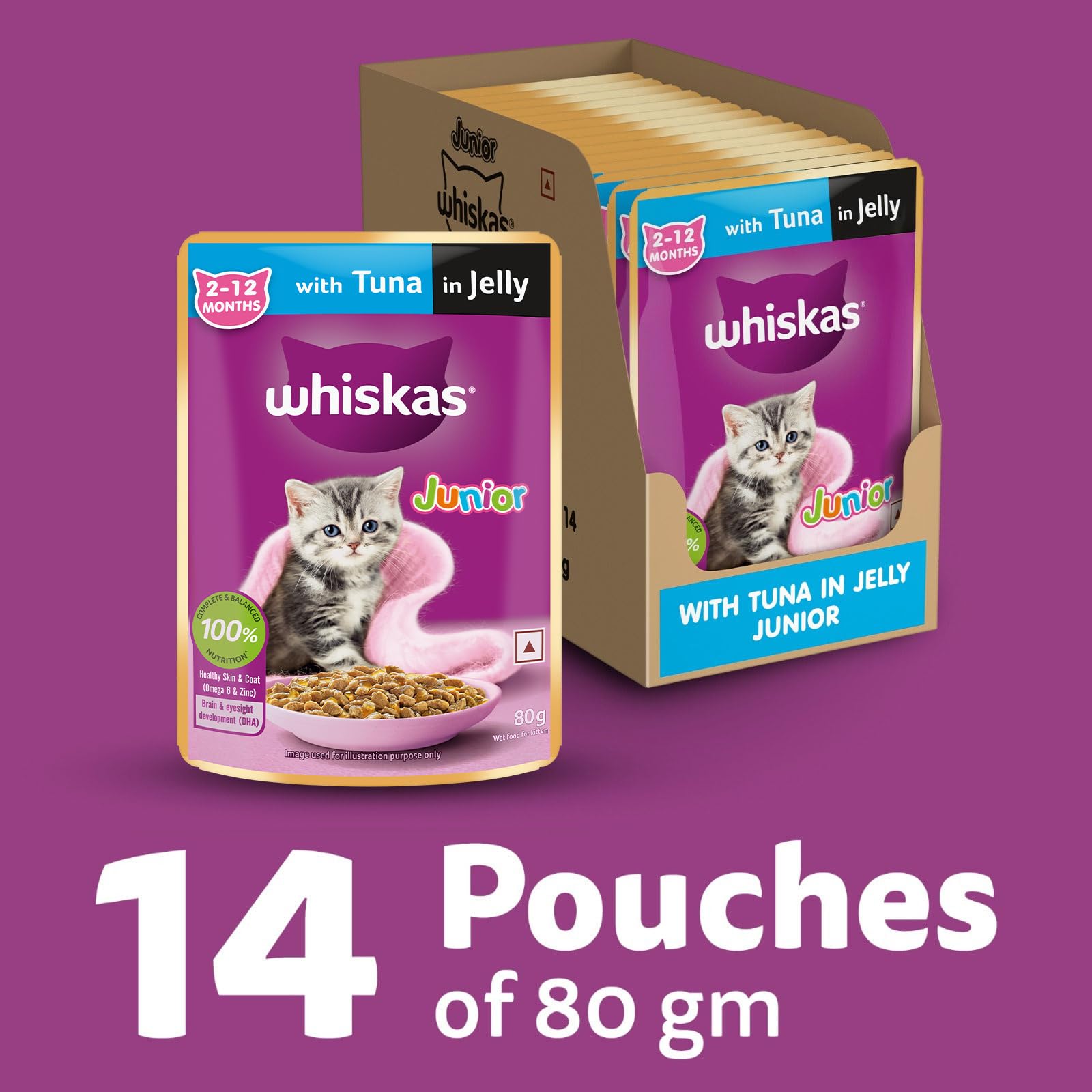 Whiskas Junior Kitten (2-12 Months) Wet Cat Food, Tuna in Jelly, 80 g (Pack of 14), Hydrating Food Made With Real Fish, 100% Complete & Balanced Nutrition for Kittens