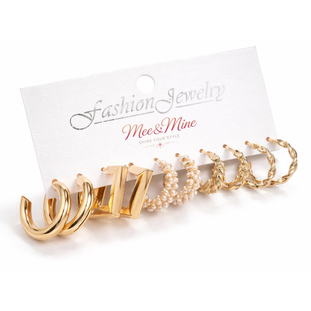 Mee&Mine Gold Hoop Earrings Set for Women (5 Pairs) – Chunky, Twisted, Pearl Hoop Earrings Combo, Trendy Gold Plated Earrings Set, Stylish Everyday Jewelry for Girls & Women