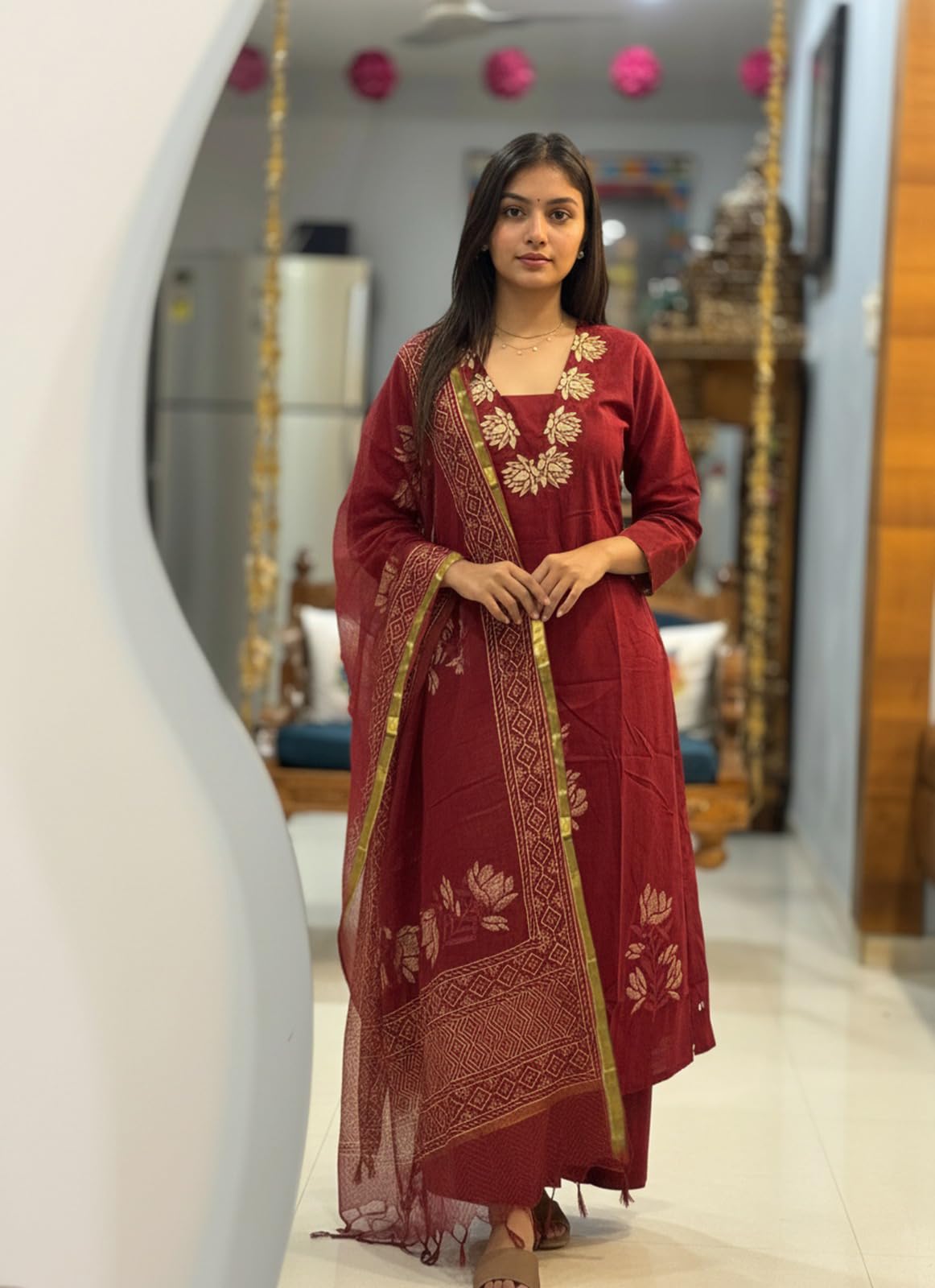 ANNI Designer Women's Rayon Viscose Straight Printed Kurta with Pant & Dupatta (Dare RED_XXL_Red_XX-Large)