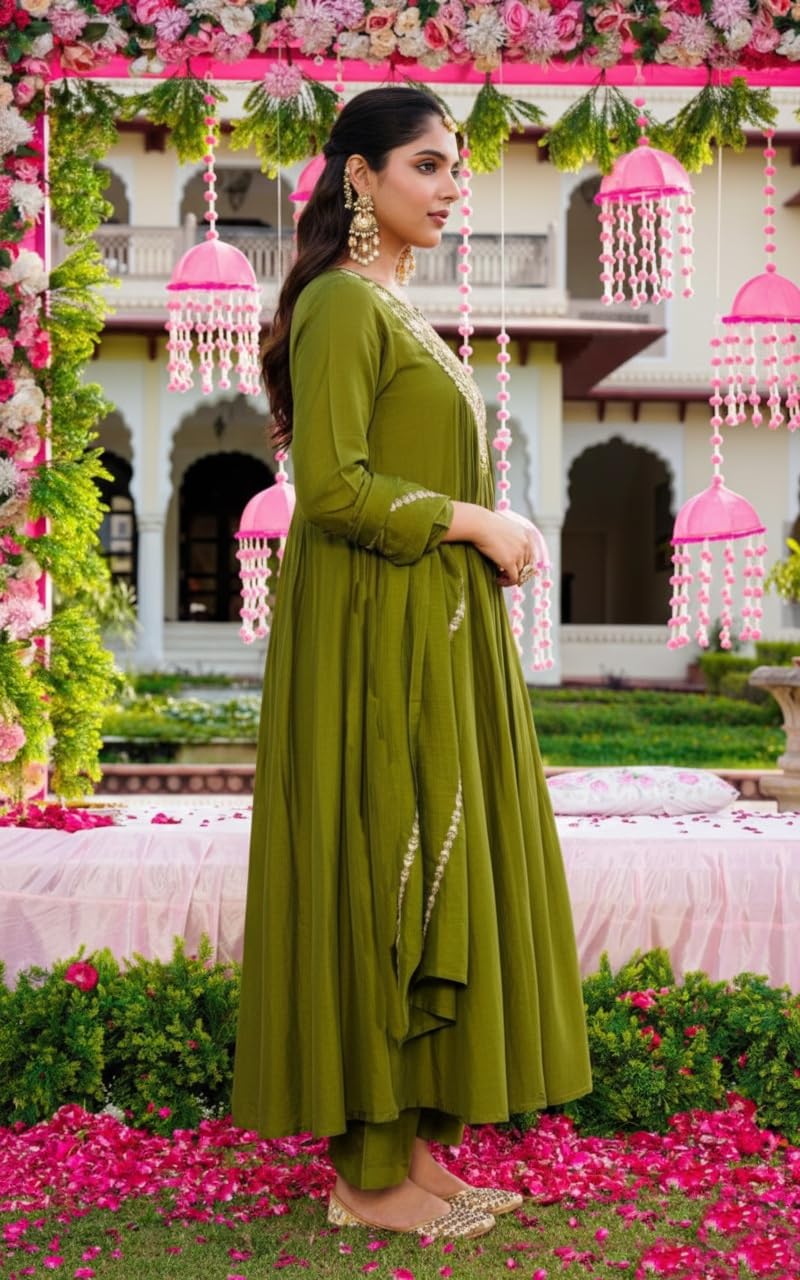 Nermosa Women Embroidery Solid Anarkali Kurta and Pant Set with Dupatta (IN, Alpha, 2XL, Green)