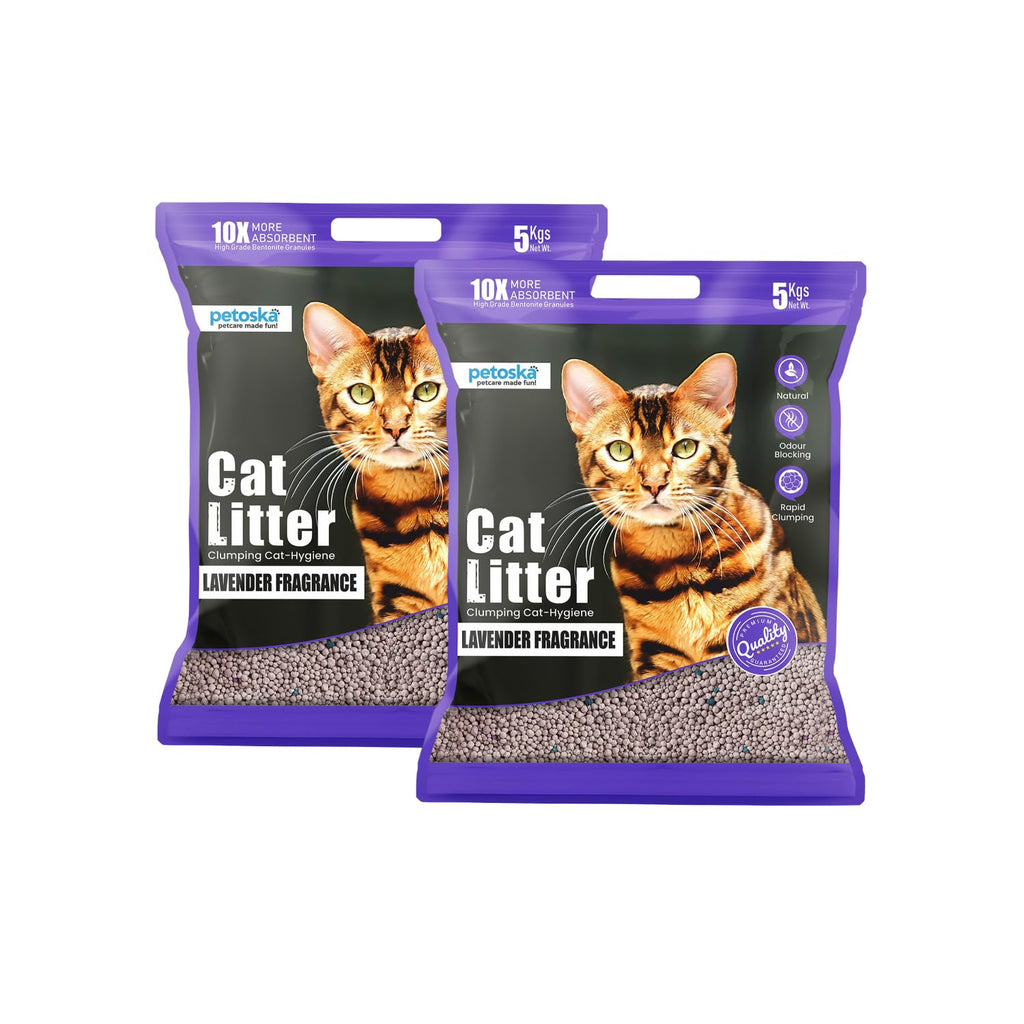 PETOSKA Cat Litter- 10Kg | Lavender Fragrance | Scoopable Bentonite Clay Cat Litter | Advanced Clumping Scented Litter Sand | 99.9% Dust Free | Natural | Odour Control Pack of 2